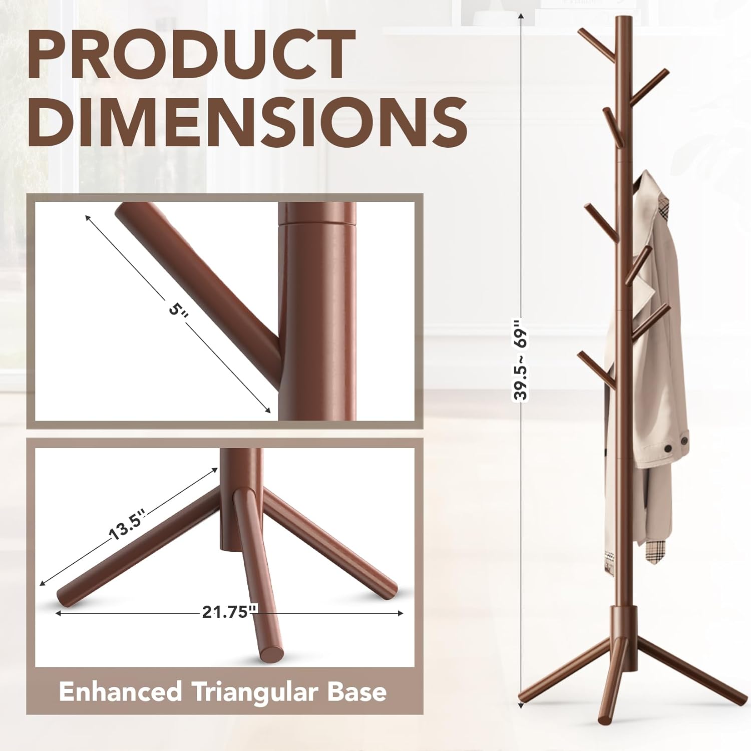 Wooden Tree Coat Rack Stand,Sturdy Freestanding Coat Rack with 8 Hooks,3 Adjustable Height for Child Adult,Wood Coat Stand Tree Fits Entryway Bedroom Office for Bags,Hats, 2 Pack - Lumora Desk