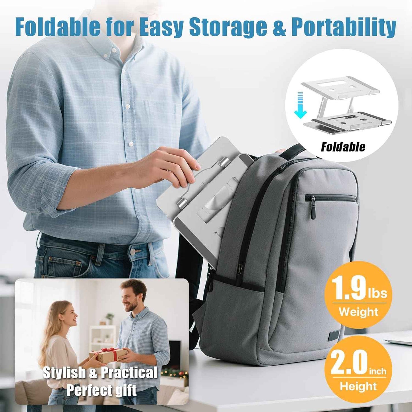 Laptop Stand for Desk, Adjustable Height & Angle Portable Aluminum Laptop Riser & Monitor Stand with 360° Swivel, Foldable Ergonomic Computer Stand for 10-17 Inch Laptops (MacBook/Dell/HP), Silver.