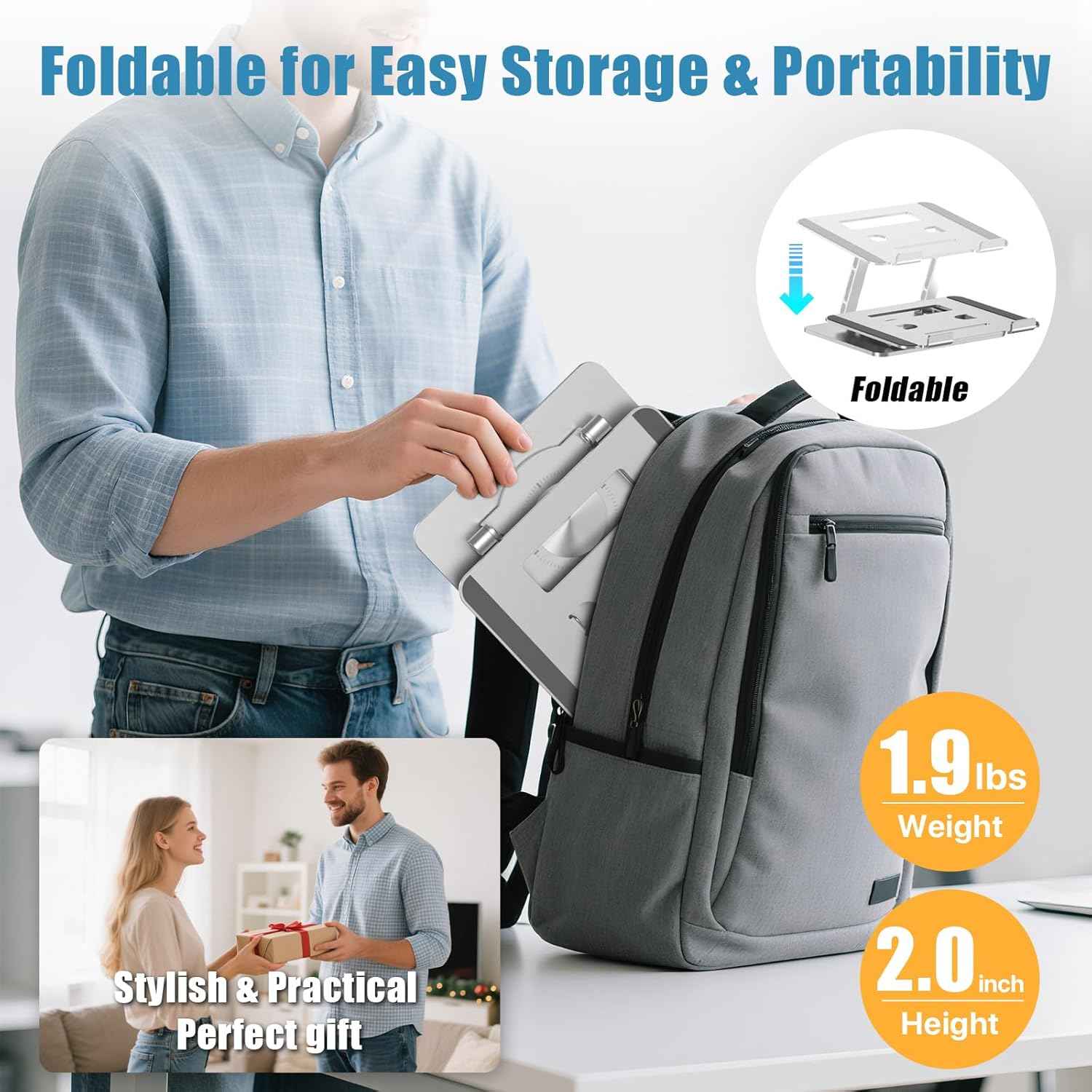 Laptop Stand for Desk, Adjustable Height & Angle Portable Aluminum Laptop Riser & Monitor Stand with 360° Swivel, Foldable Ergonomic Computer Stand for 10-17 Inch Laptops (MacBook/Dell/HP), Silver.