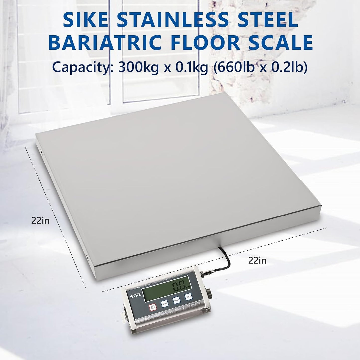SIKE EPS660 Bariatric Floor Scale with Extra-Large Platform, SIKE Digital Postal Shipping Scale, 660 x 0.2lb(300kg x 0.1kg), 22" x 22" Platform, Stainless Steel, Heavy Duty