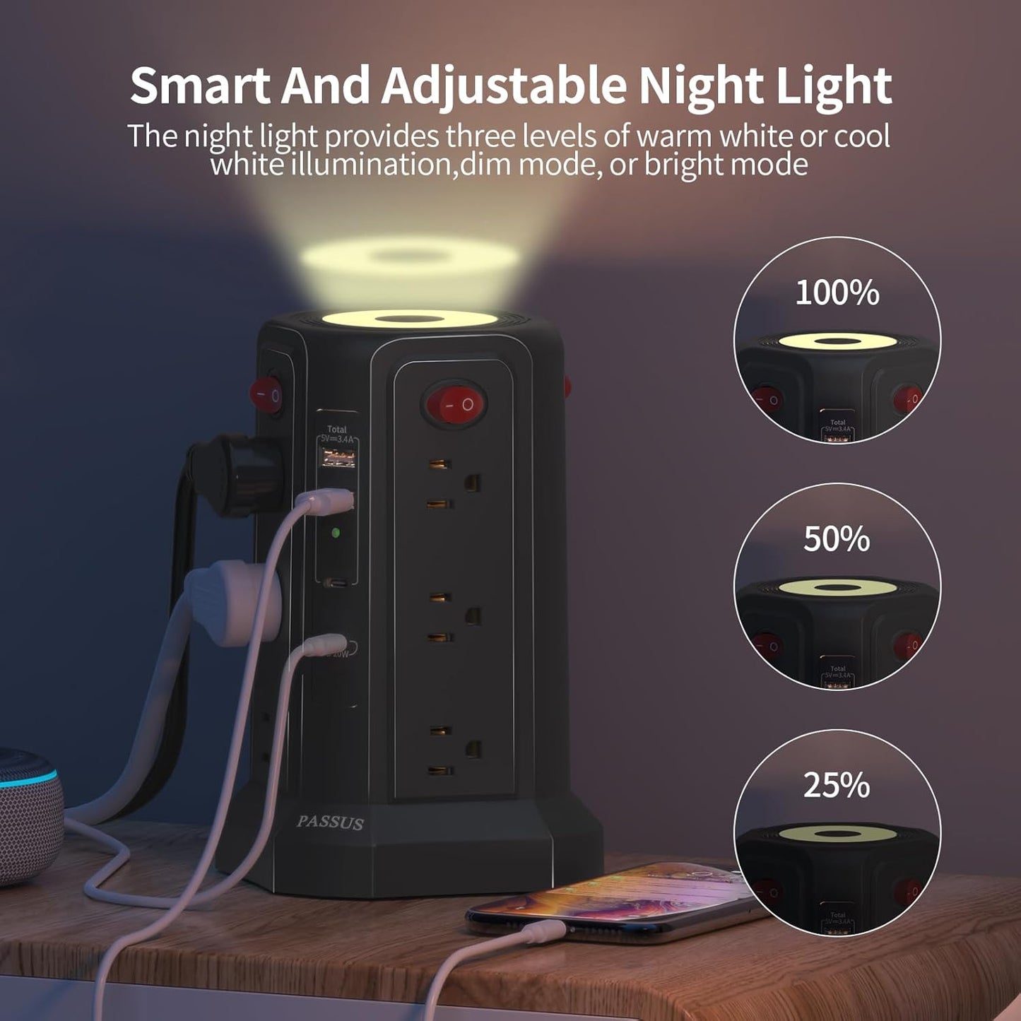 Long Surge Protector Power Strip 16 FT Cord, PD20W USB C Power Strip Tower with Night Light, Extension Cord with Multiple Outlets with 4 USB Ports, PASSUS Charging Station Home Office Essentials Black
