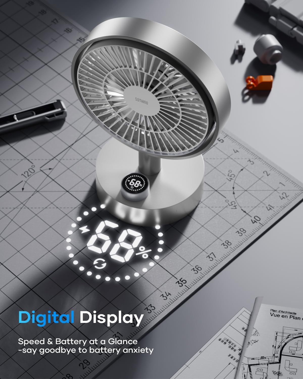 SOTHING Desk Fan, 18dB Ultra-Quiet, 6.6-inch Small Fan with 10-Speed, 160° Oscillating, (4000mAh) 12hrs Battery Life, USB-C Rechargeable, Digital Display, Small Desk Fan for Office - Silver
