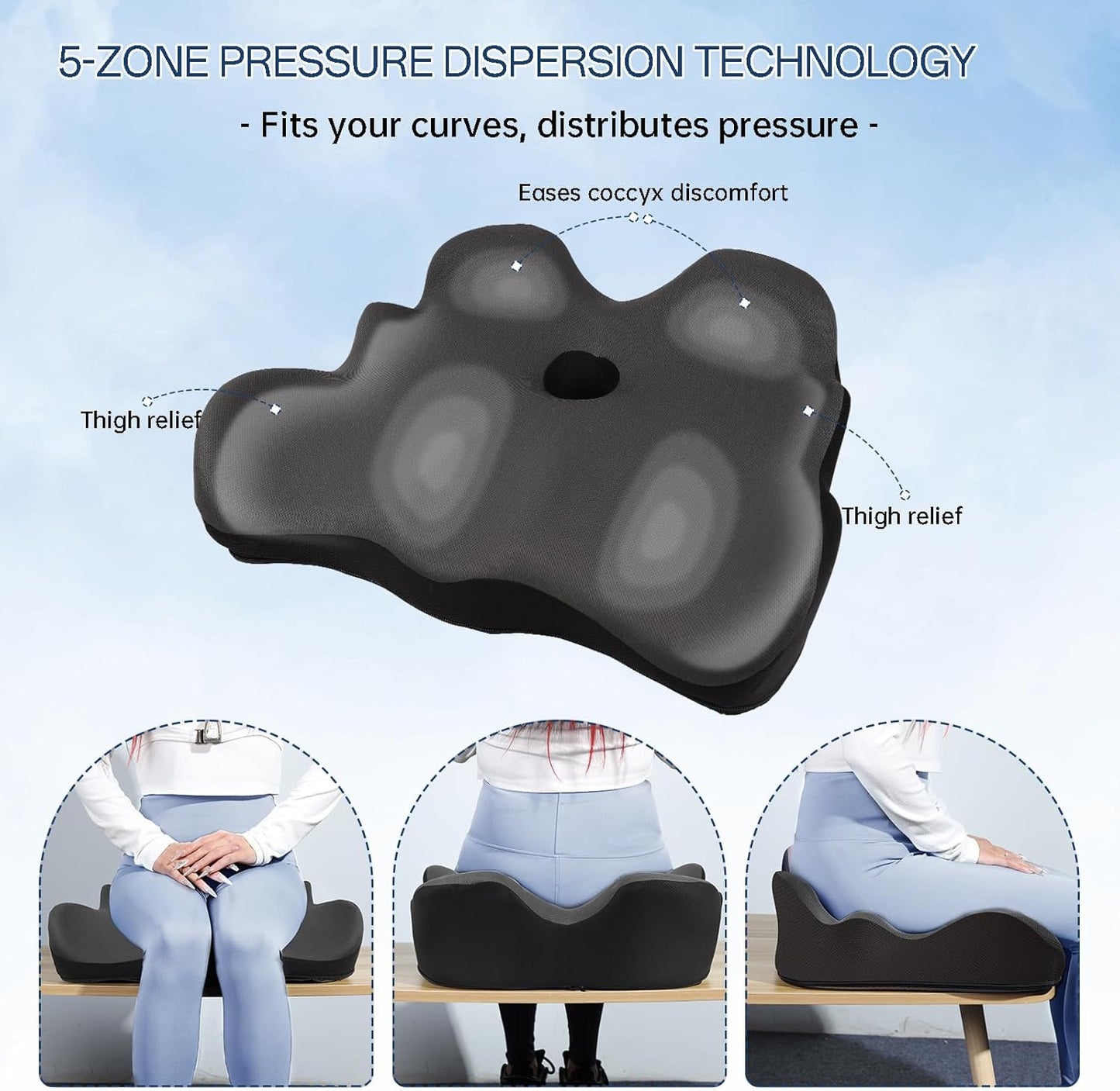 Seat Cushion, X-Large Memory Foam Office Chair Cushion, for Pressure Relief Sciatica & Pain Relief for Long Sitting Hours on Office/Home Chair, Car (Grey)