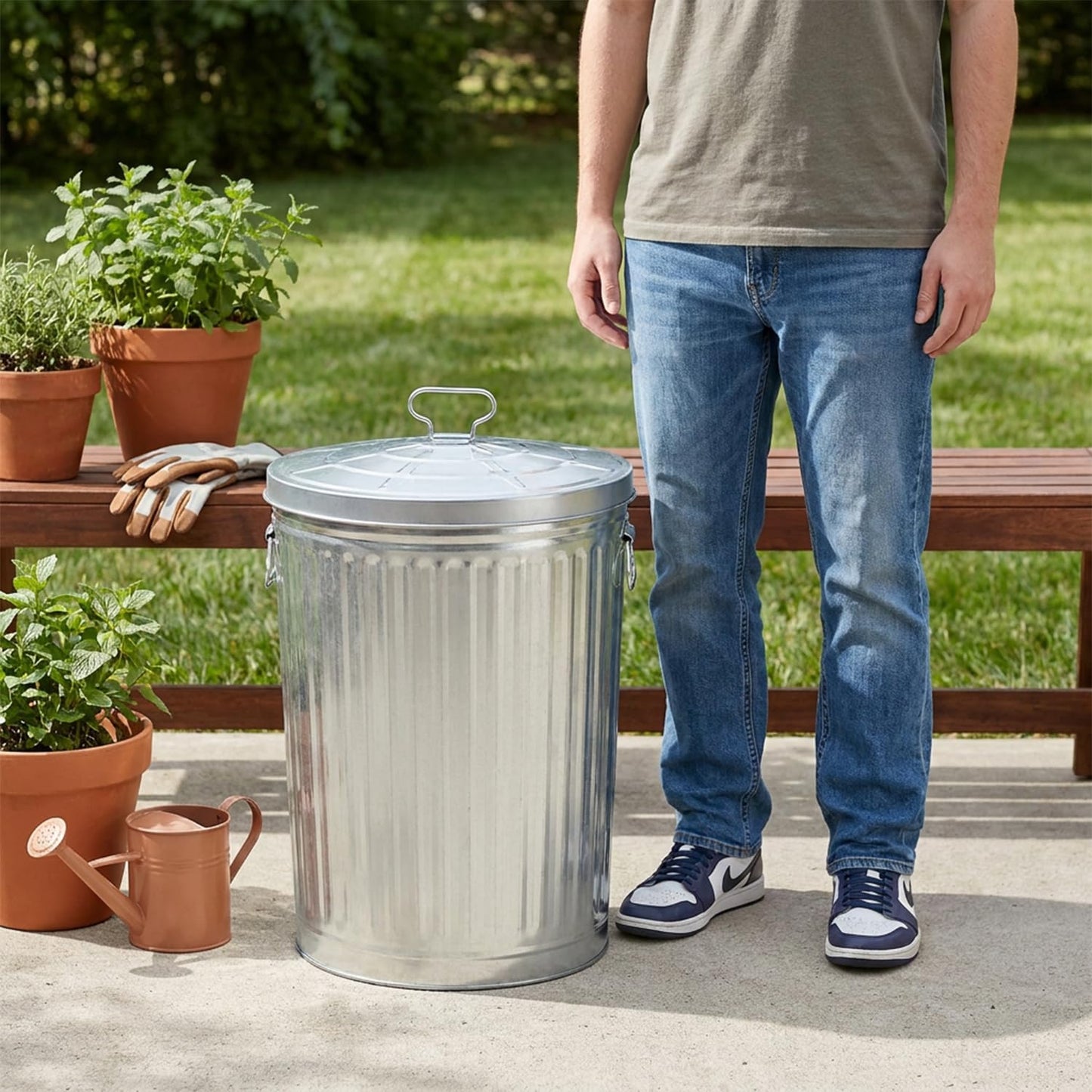 Plexon 20 Gallon Metal Trash Can with Lid Outdoor Large Trash Bin Galvanized Steel Garbage Can for Farm Garage Patio Ash Bucket Bird Seed Storage Can Heavy Duty Round Container Silver