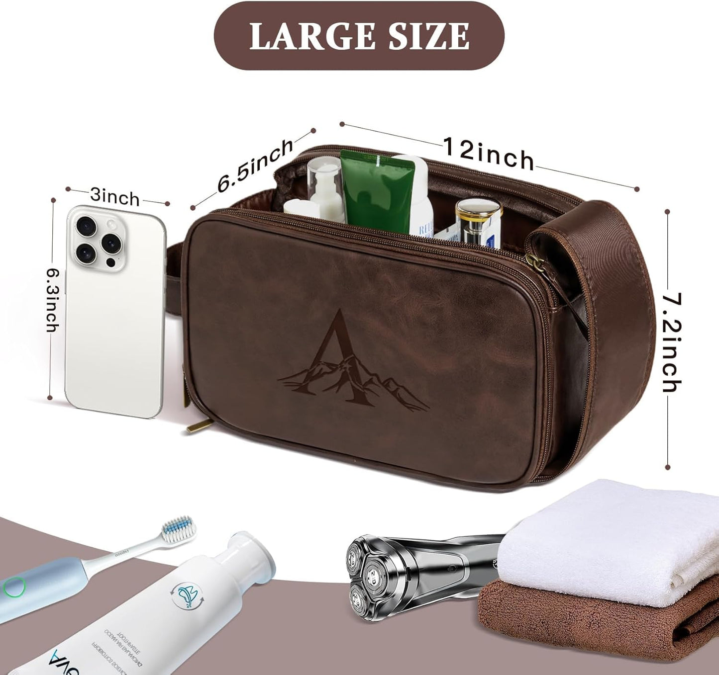 Janhavi Shaving Bag for Men Travel Waterproof, Engraved Initials & Mountain, Make Up Bag,Groomsmen Gifts, Mens Toiletry Travel Bag, Men's Accessories Organizer, Gifts for Him(Dark Brown M)