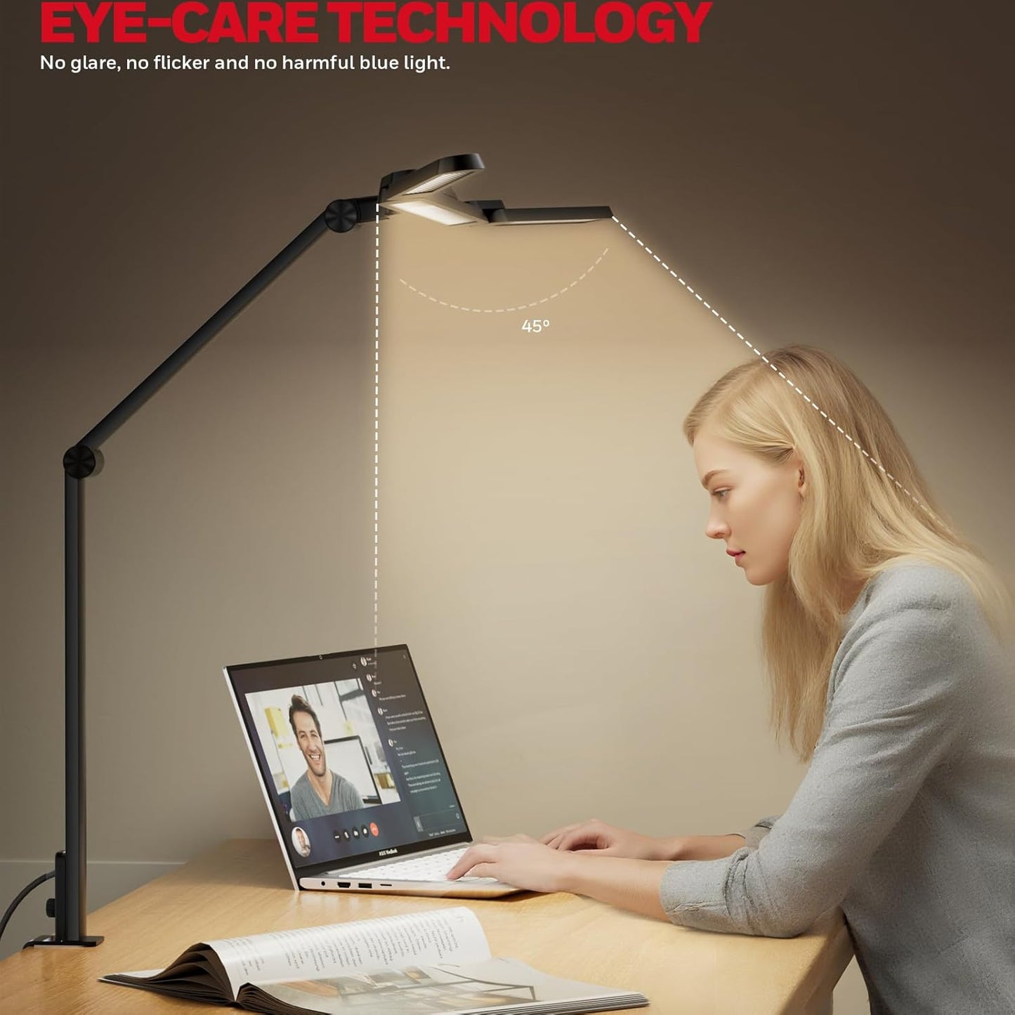 Honeywell LED Desk Lamp with Clamp, HJ3 Sunturalux Architect Desk Lamp for Home Office, Eye-Caring Computer Desk Light 22W 4 Color Modes Clip on Light Stepless Dimming Task Lamp for Working - Lumora Desk