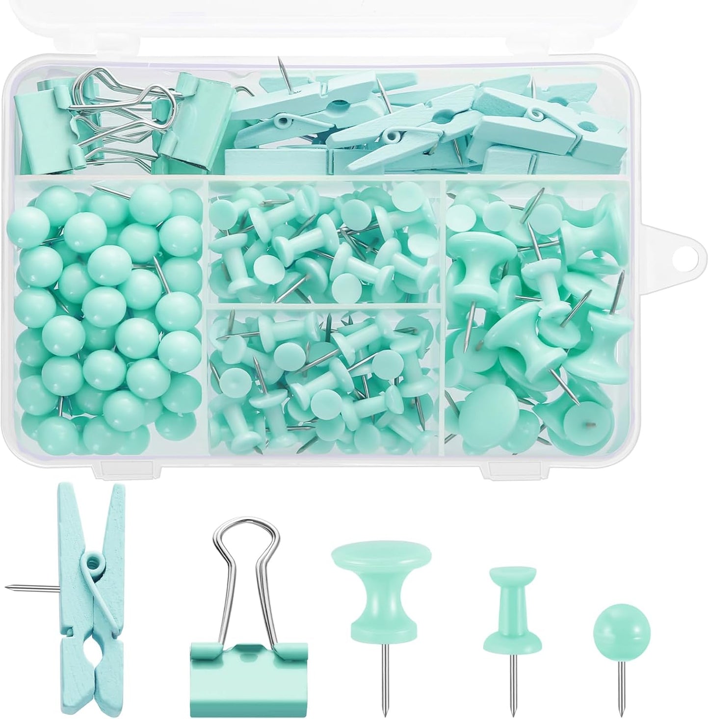 BESARME 200 Pieces Push Pins Set, 5 Types Green Thumb Tacks Cute Decorative Push Pins for Wall Cork Board Bulletin Boards with Storage Box