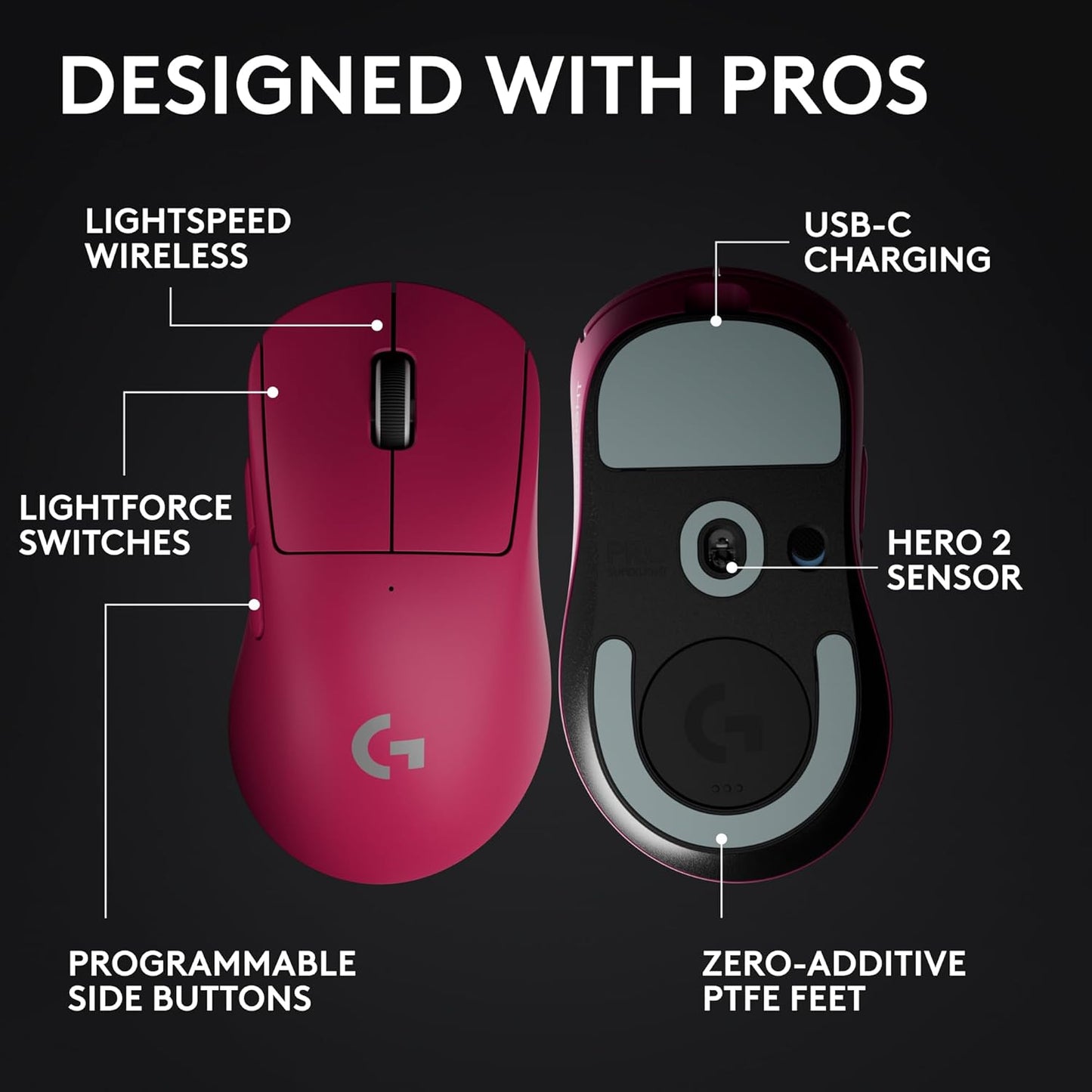 Logitech G PRO X Superlight 2 Wireless Gaming Mouse, 60g Pro-Grade with 5 Programmable Buttons, 44k DPI Sensor, 8kHz Report Rate, USB-C Charging for PC/Mac - Magenta
