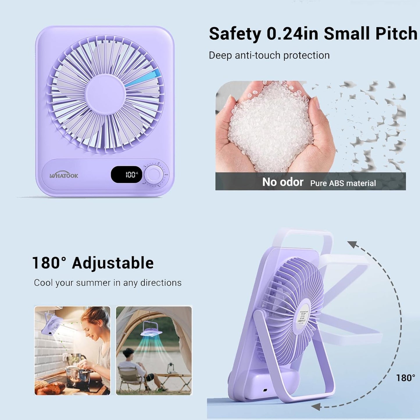 WHATOOK Small Desk Fan Personal Fans: 5000mah 25 Hours Battery Office Quiet Mini Desktop Fan Portable Rechargeable Travel Essentials (Purple, 5000 mAh)