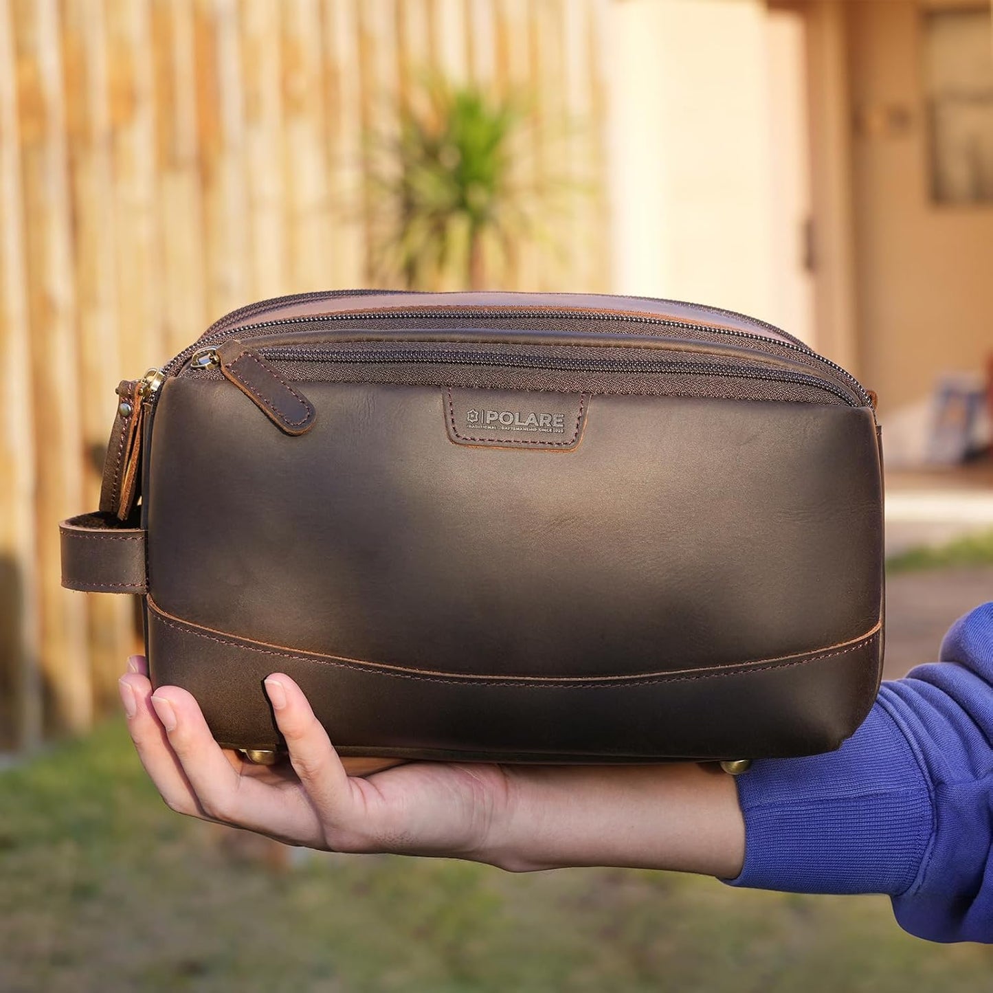 Polare Full Grain Leather Toiletry Bag for Men Large Travel Cosmetic Case Dopp Kit Shaving Kit Wash Pouch with YKK Zippers