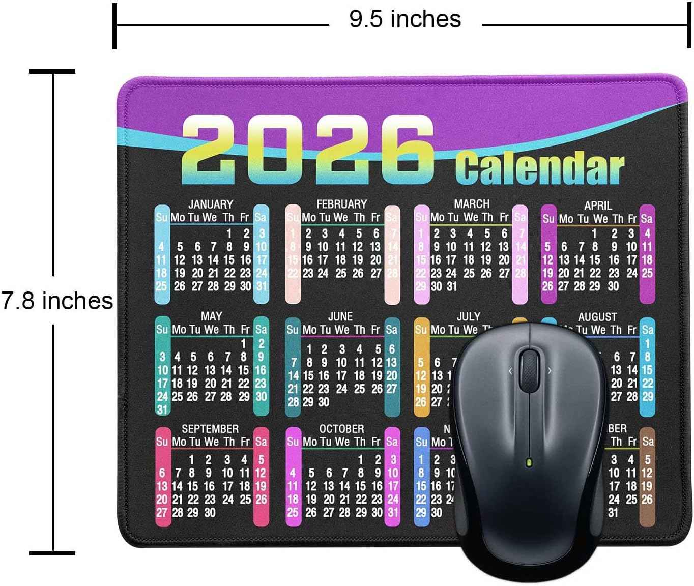 Mouse Pad with Non-Slip Rubber Base, Waterproof Computer Mousepad with Stitched Edges, Mouse Pads for Computers, Laptop, Gaming, Office & Home, 9.5 x 7.8 in (2026 Calendar Black)