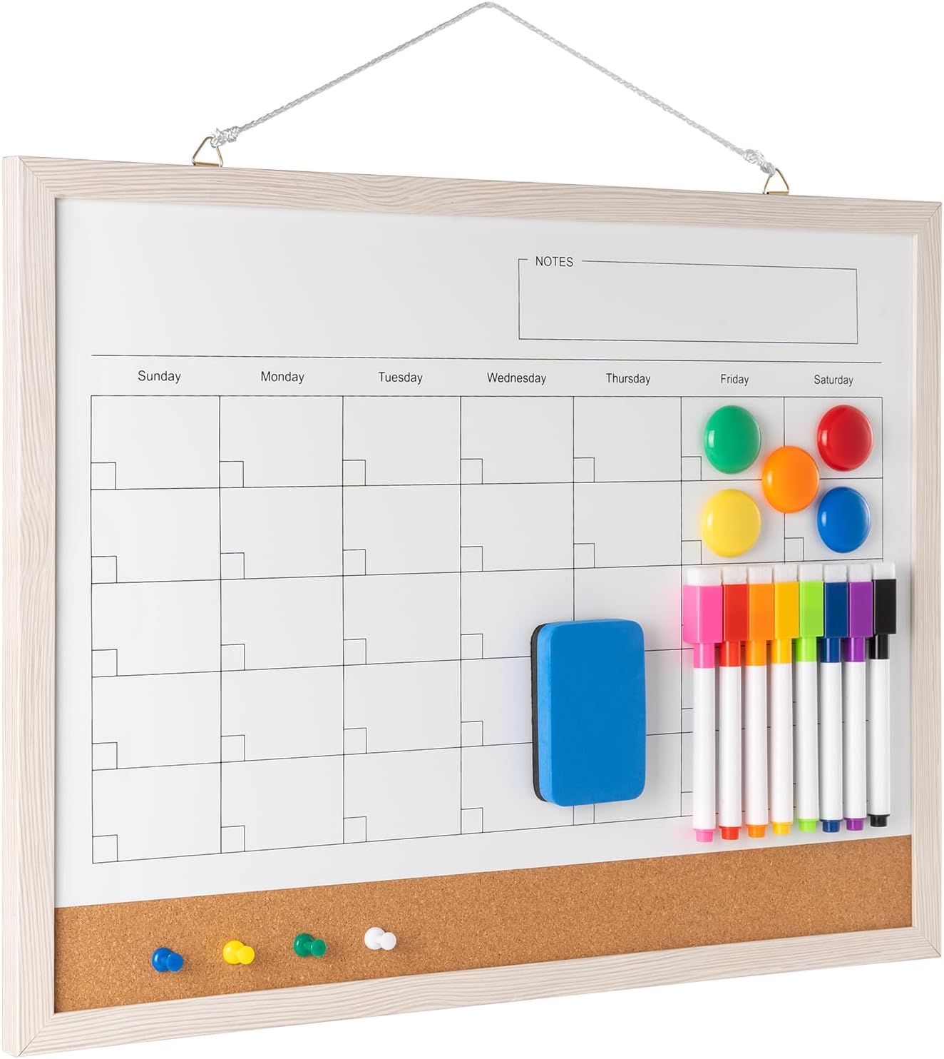 Dry Erase Calendar Whiteboard, 17" x 13" Magnetic Whiteboard Cork Board Combo, Reusable Monthly Planner with 8 Markers, Eraser, Magnets and Pushpins, Hanging Dry Erase Board for Home, School - White - Lumora Desk