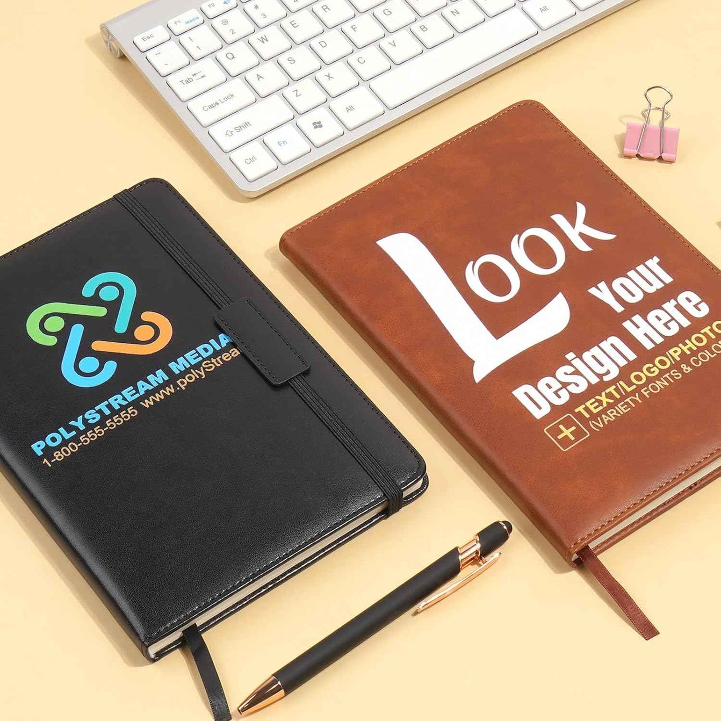 Personalized Journal Notebook With Your Text, Design, Company Logo, Tagline- A5 Lined Leather Hardcover Executive Notebook For Men Women Custom Daily Journal, For Business Office School Lawyers Brown