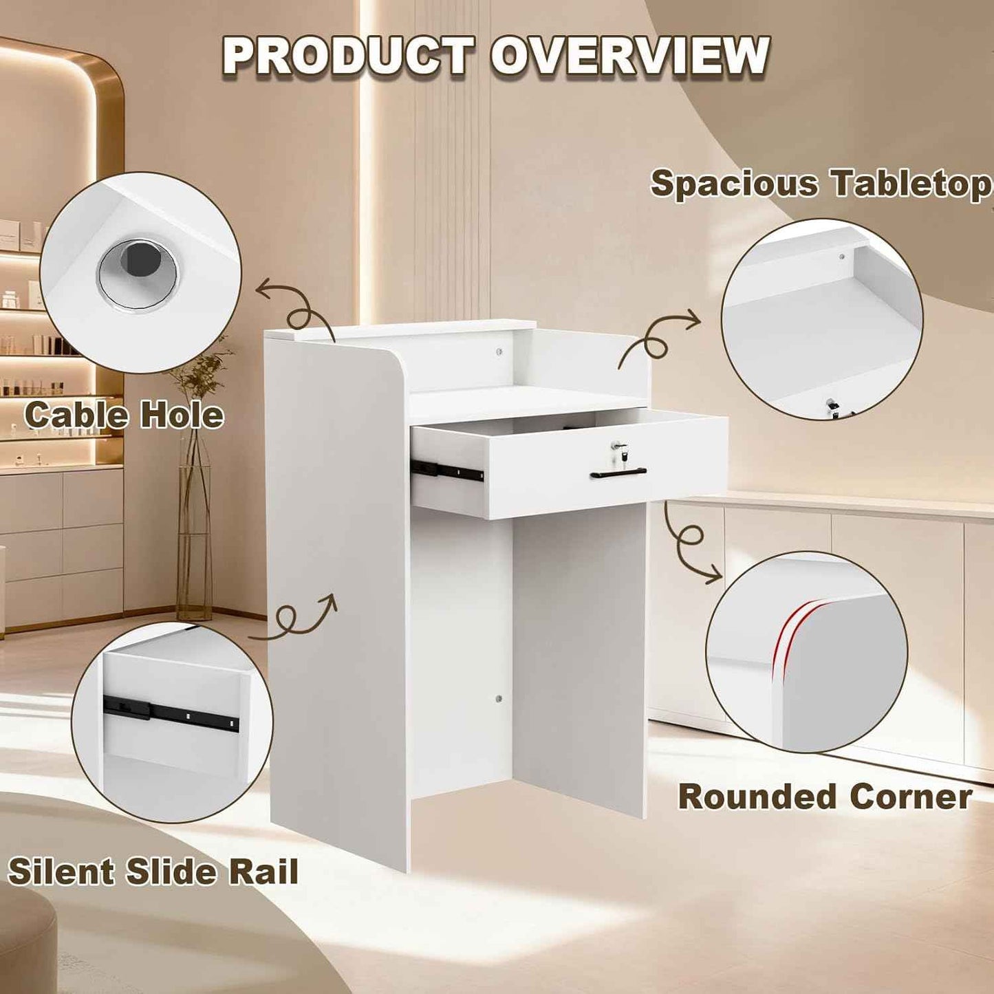 Reception Desk with Counter, Small Modern Front Desk with LED Light and Lockable Drawer, White Reception Table Retail Checkout for Counter for Lobby, Beauty Salon (37.8"L x 23.6"W x 15.7"H)