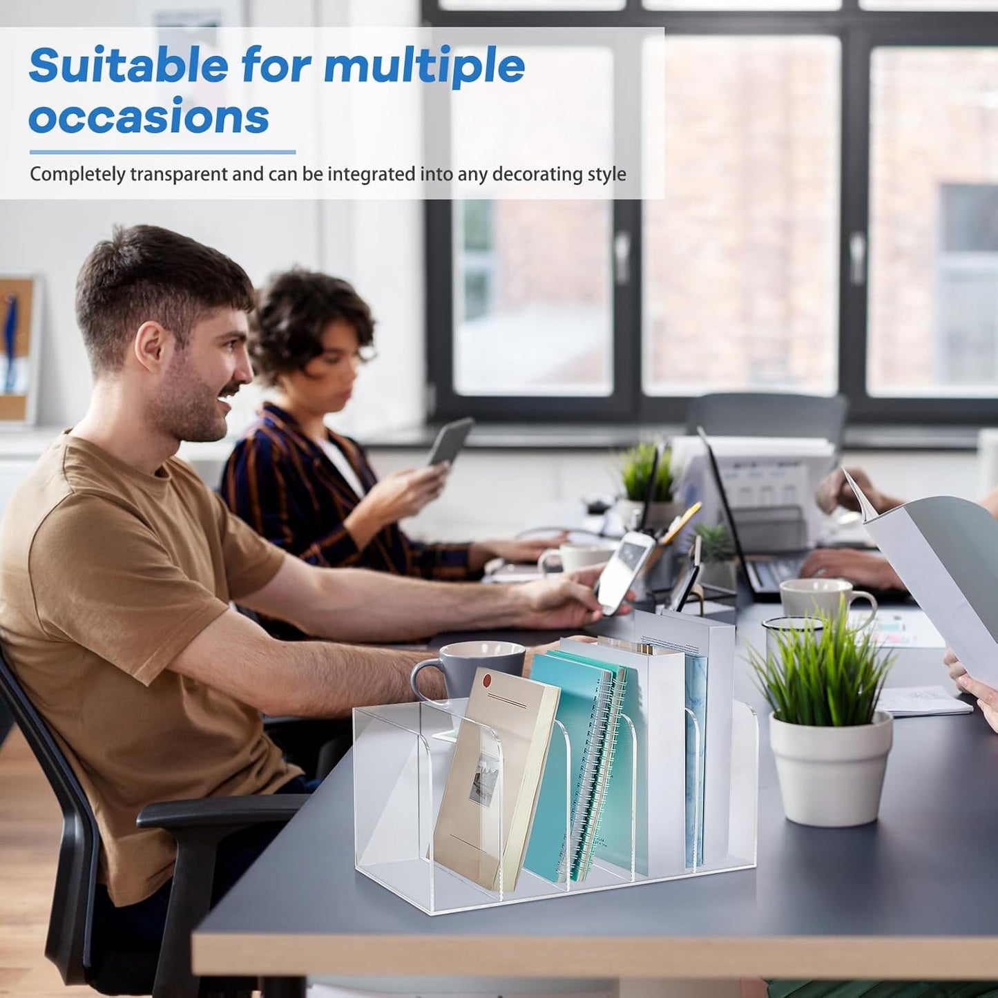 Suzile 2 Sets of Clear Acrylic Magazine Holder with 5 Vertical Compartments Magazine File Holder Acrylic Desk Organizer Book Rack for Desk Sorter Paper Folder Office Accessories Storage Organization