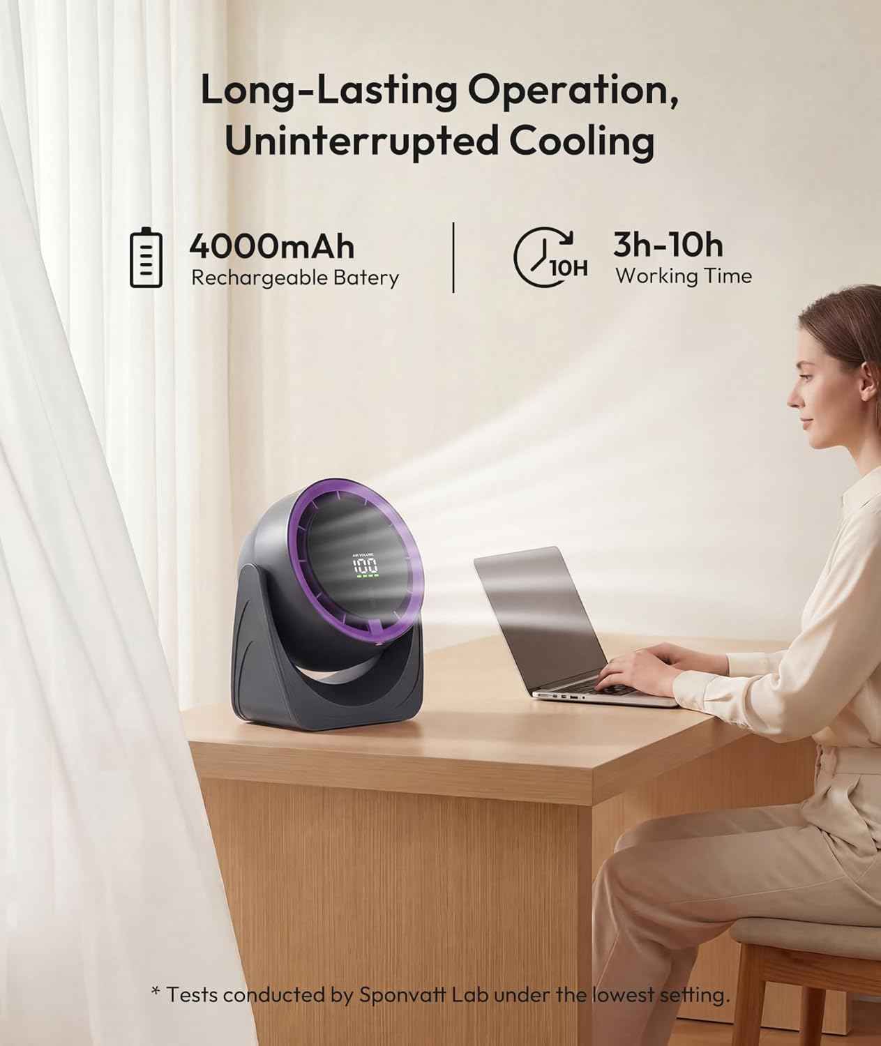 Sponvatt Rechargeable USB Desk Fan for Bedroom, Quiet Table Fan With Turbo Airflow, 100 Speeds,LED Digital Display, 360° Rotating, Small Personal Cooling Fans for Bedroom Home Office Dorm (Purple)