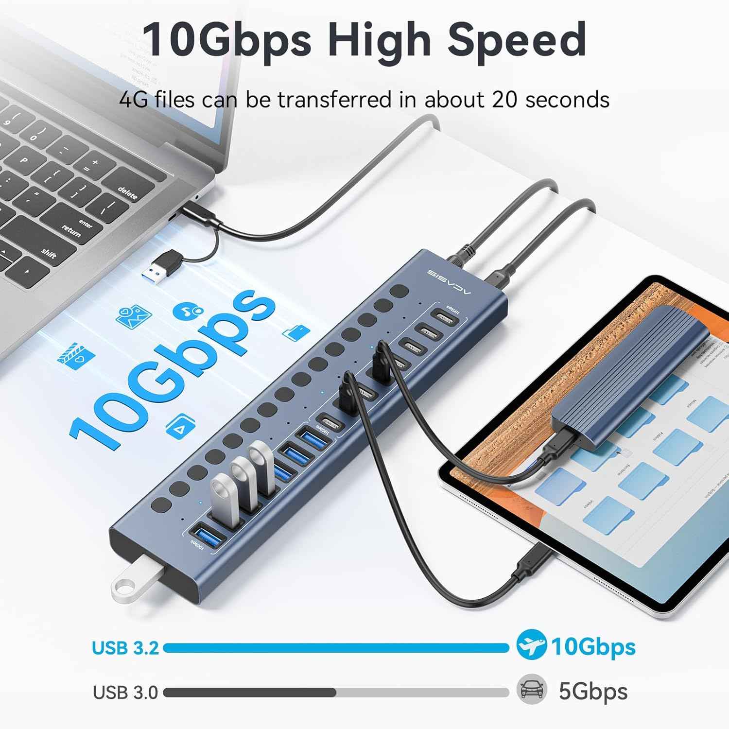 Powered USB 3.2 Hub, ACASIS 16 Ports USB 3.2 Hub(8 USB-A 3.2 Ports+8 USB-C 3.2 Ports), Aluminum USB Hub Powered with 96W Power Adapter, USB Hub for PC/Laptop, Computer, Flash Drive, Printer, Camera