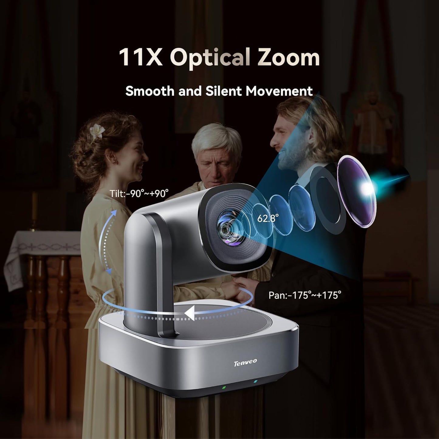 Tenveo VLoop 11X Optical Zoom PTZ Camera Conference Camera, USB3.0/HDMI FHD 1080P 60FPS, for Video Conferencing Live Streaming Church Services Worship Events Business Meeting, Red Dot Design Winner