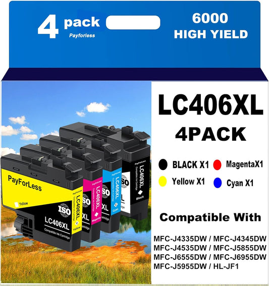 LC406XL for LC406 Ink Cartridges for Brother Printer for Brother MFC-J4335DW MFC-J4535DW MFC-J5855DW MFC-J6555DW MFC-J6955DW Printer 4 Pack(Black Cyan Magenta Yellow)