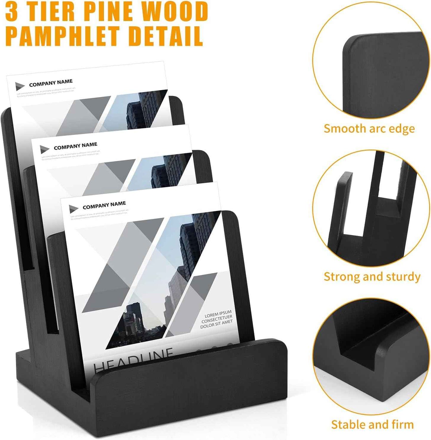 2 Pieces 6 x 9 Wood Brochure Holder 3 Tier Pamphlet Display Stand Black Brochure Display Stand Postcard Holder Flyer Holder Magazine Rack Literature Stand Book Display for Desk Booklets Menu (2)