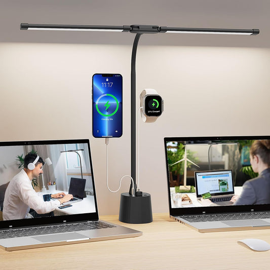 Desk Lamp with Dual Head & 10W Smart Dual USB Charging Port 5 Color Modes Dimmable Reading Light 2600 Lumens 12W Table Lamp for Bedside Office, Adapter Include - Lumora Desk