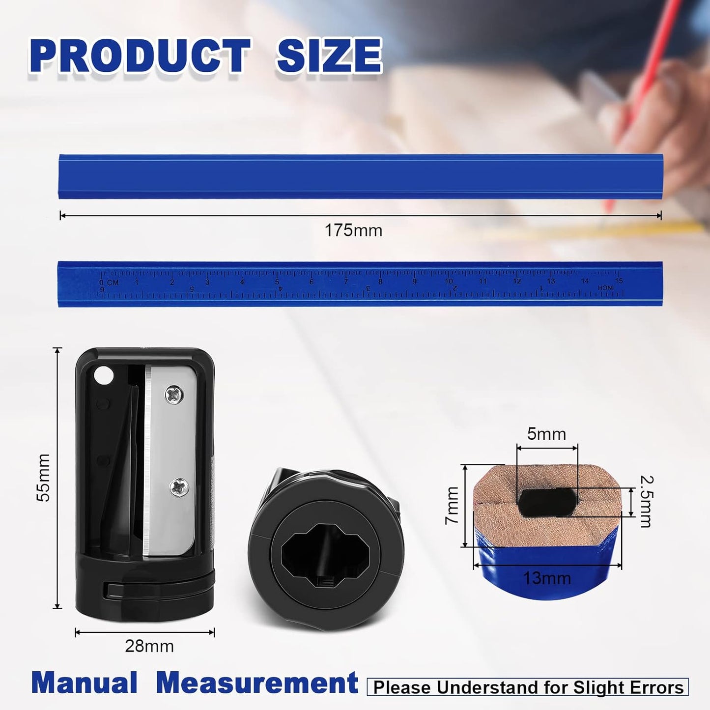 Honoson 200 Pcs Flat Construction Pencils with Printed Ruler Wood Graphite 2 Pcs Carpenter Pencil Sharpener for Woodworking Marking Tool(Blue)
