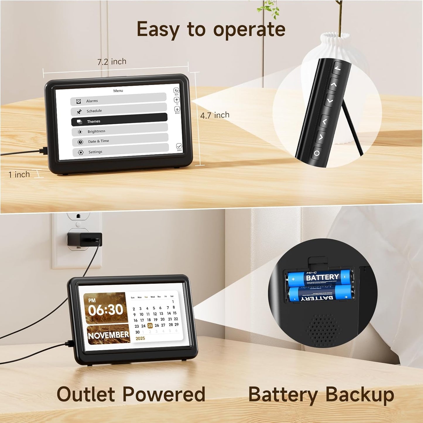 Raynic Date Clock, Digital Calendar Clock with 12 Themes, 20 Alarms, 20 Reminders, Semi-Automatic Dimming, 12/24 Hours, Auto DST for Desktop, Office, Students (Black, 7 Inches)