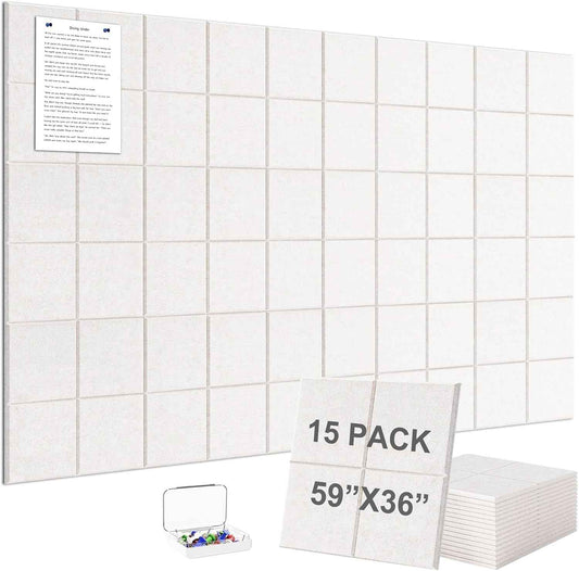Large Felt Wall Tiles Bulletin Board 59”x36”,Large Cork Board Alternative with 60 Pushpins, 15-Pack Felt Pin Board with 112 Safe Removable Adhesive Tabs for Home Office School (Oatmeal)