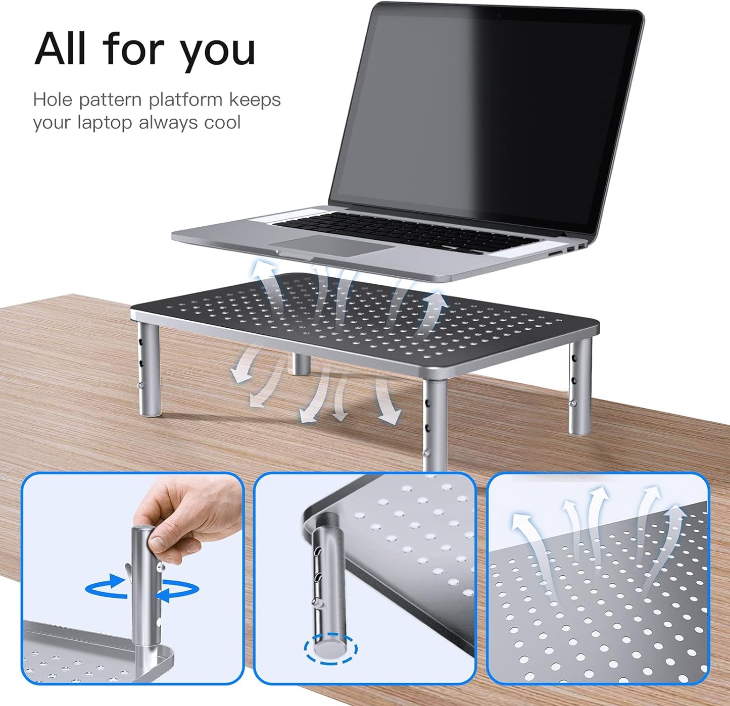 HUANUO Monitor Riser - 3 Height Adjustable Stand for Laptop, Computer, iMac, PC, Printer, Desktop Ergonomic Metal Monitor Riser with Mesh Platform