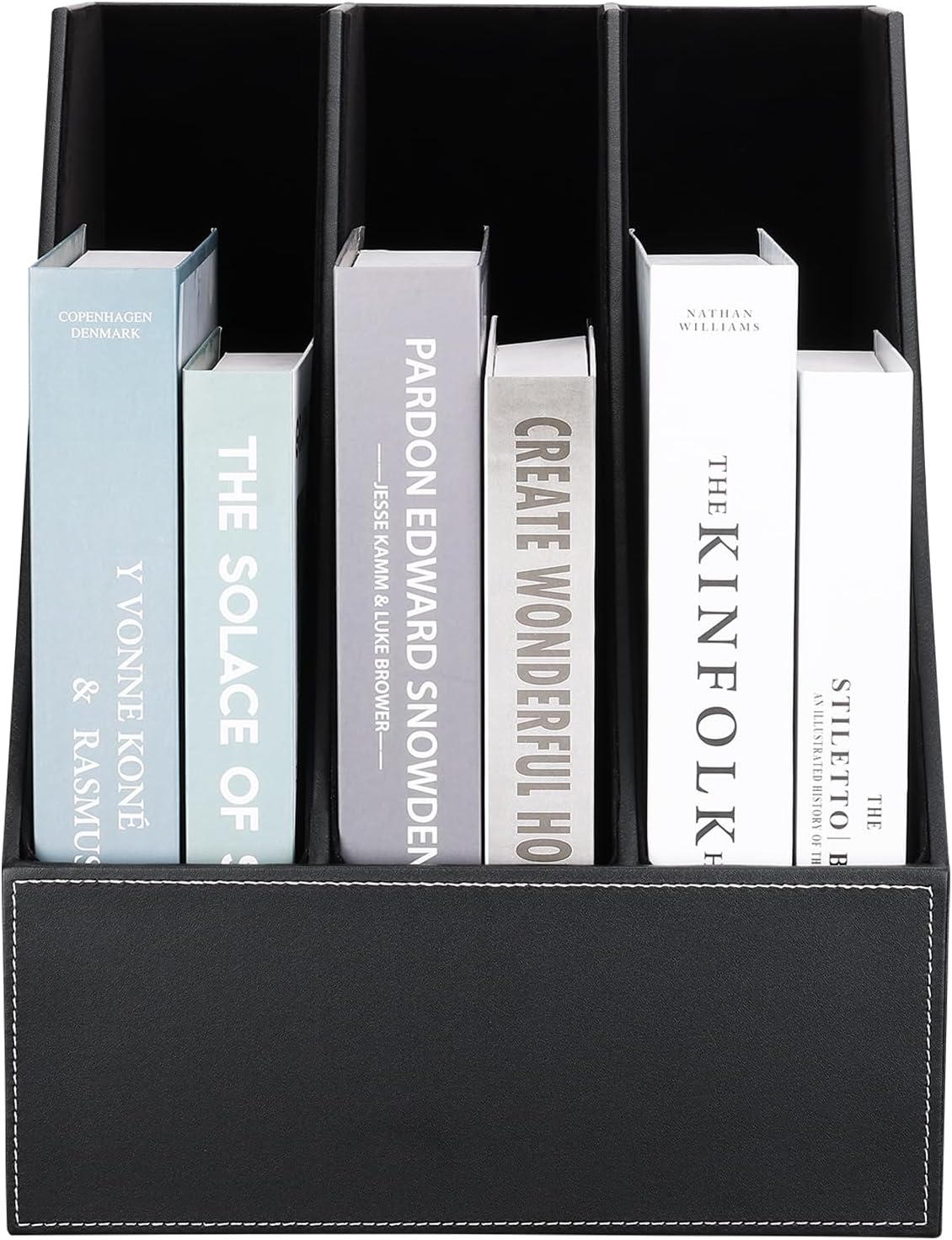KINGFOM Desktop Wooden Leatherette Magazine File Holder-Organizer-3 Compartment Stand Rack-Papers Storage Box (black)