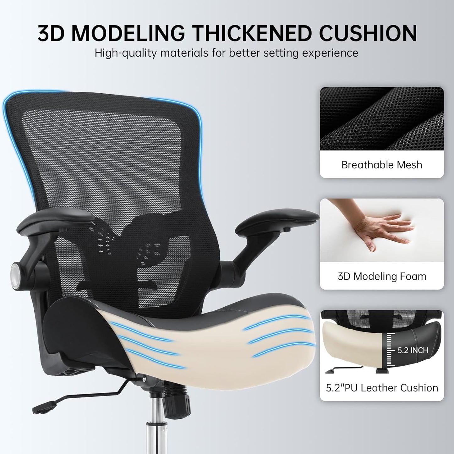 Big and Tall Office Chair 400lbs, Ergonomic Desk Chair with Wide 3D Modeling Foam Seat Cushion Heavy Duty Computer Chair with Adjustable Lumbar Support & Arms, Mesh Executive Chair for Home Office