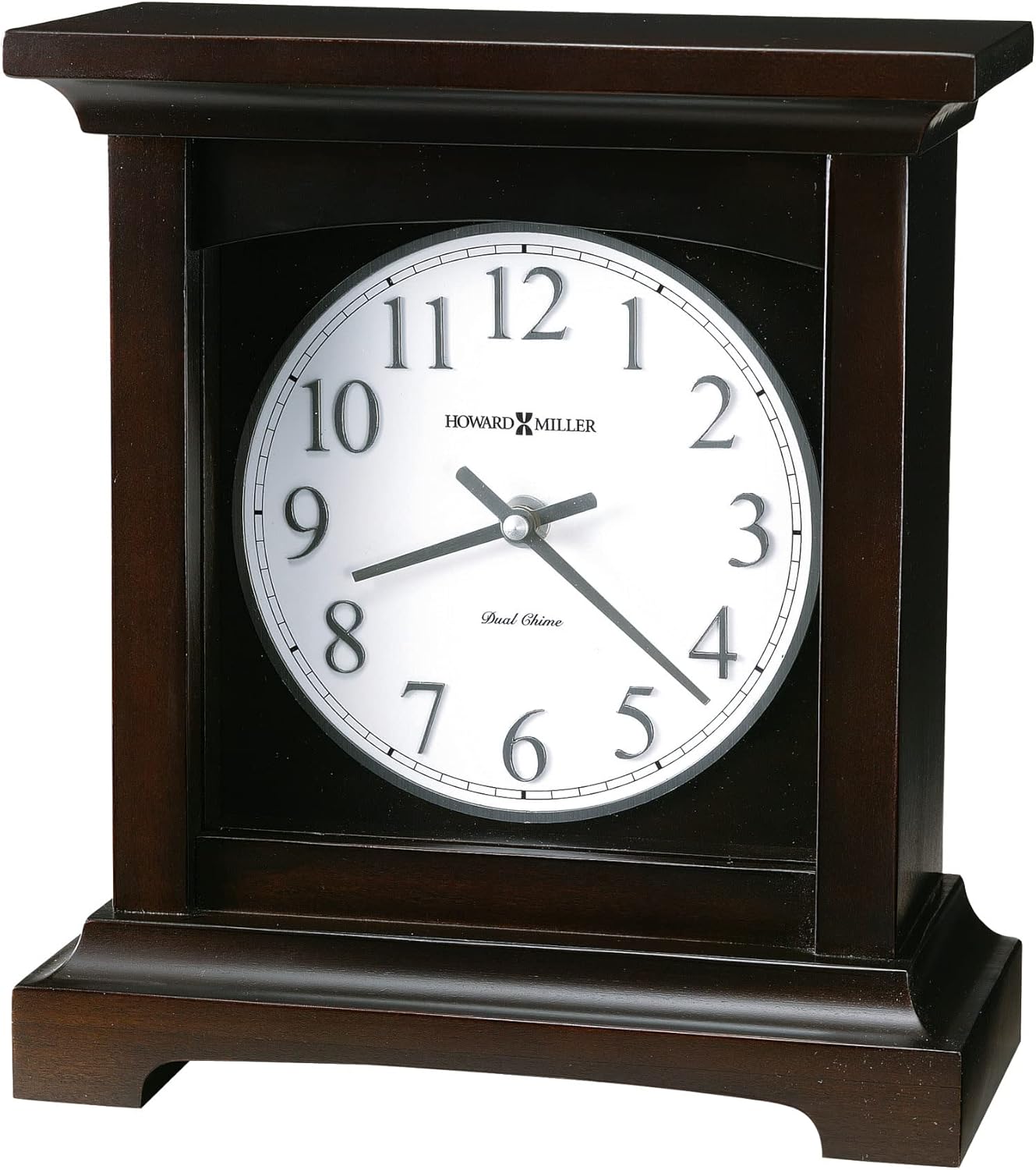 Howard Miller Urban II Mantel Clock, White Analog Clock Arabic Numerals Dual-Chime Movement, Top Flat Pediment Black Finish Durable Square Frame, Idle Alarm Clock for Home Decor, Bedroom & Office