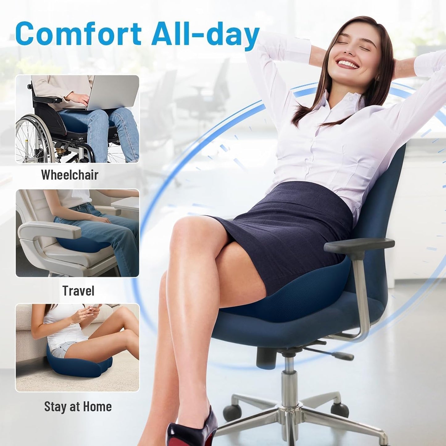 Seat Cushion, Memory Foam Office Chair Cushions, Ergonomic Curved Design for Sciatica, Tailbone, Coccyx, Seat Support for Car, Desk Chair, Wheelchair, Enhances Long Sitting Comfort (Blue)