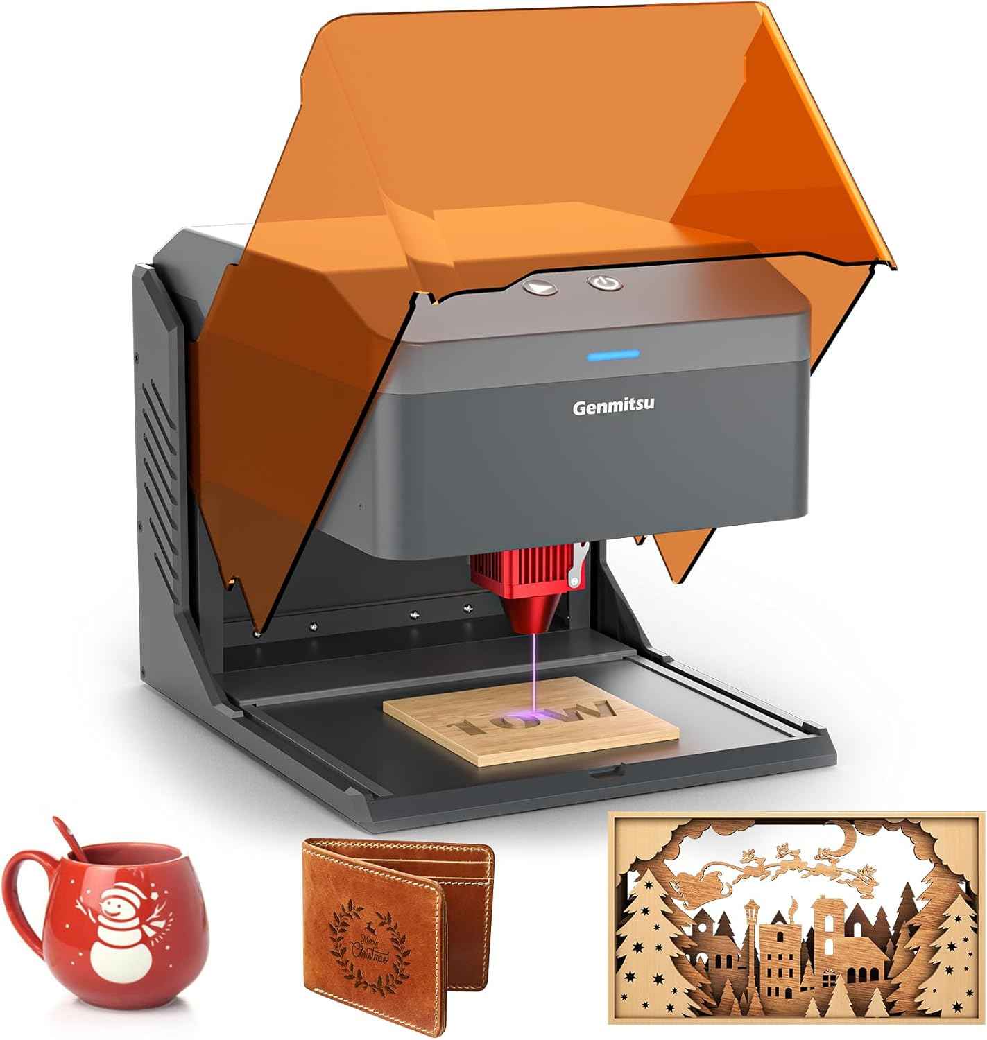 Genmitsu Kiosk 10W 10000mW Laser Engraver, Light Weight & Portable Laser Engraver Machine, Home Laser Cutter with Acrylic Enclosure for Wood/Leather/Metal, 3.9'' x 3.9'' Engraving Area, Safety Class 1