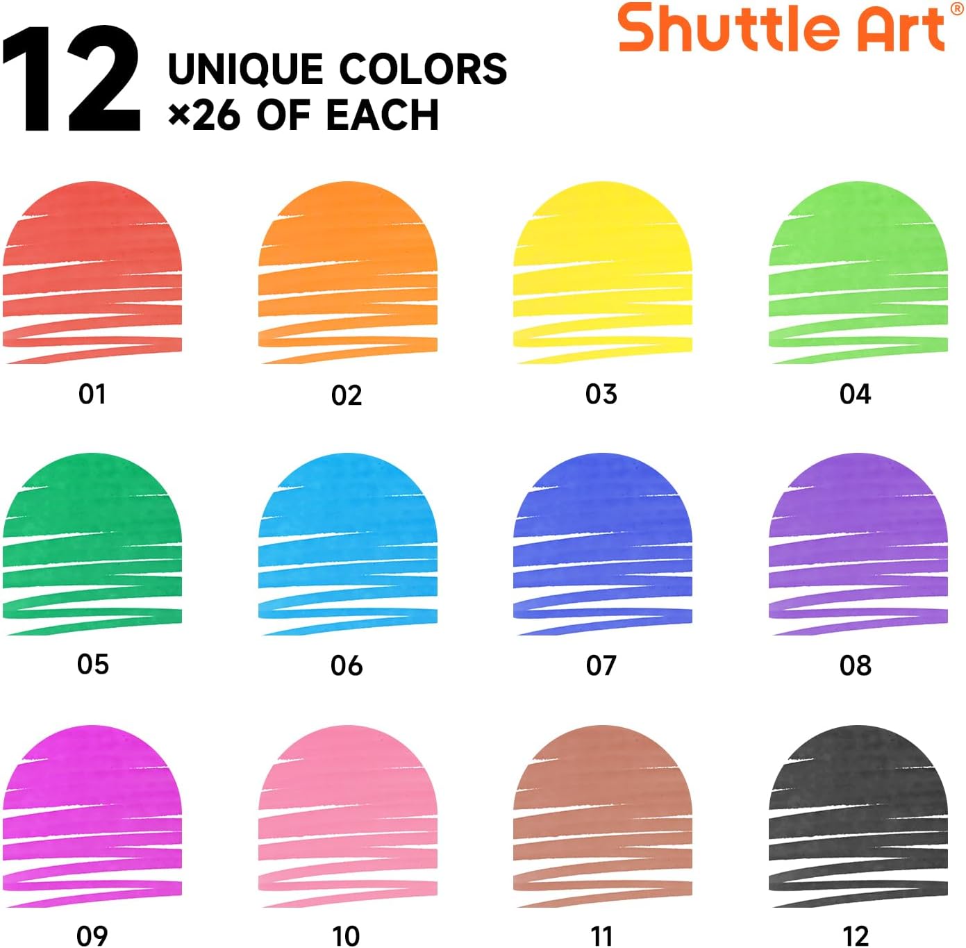 Shuttle Art 312 Pack Washable Super Tips Markers, 12 Assorted Colors Conical Tip Large Markers Bulk with a Box, Bonus Caps, Home Classroom School Supplies for Toddlers Kids Adults Students Teachers