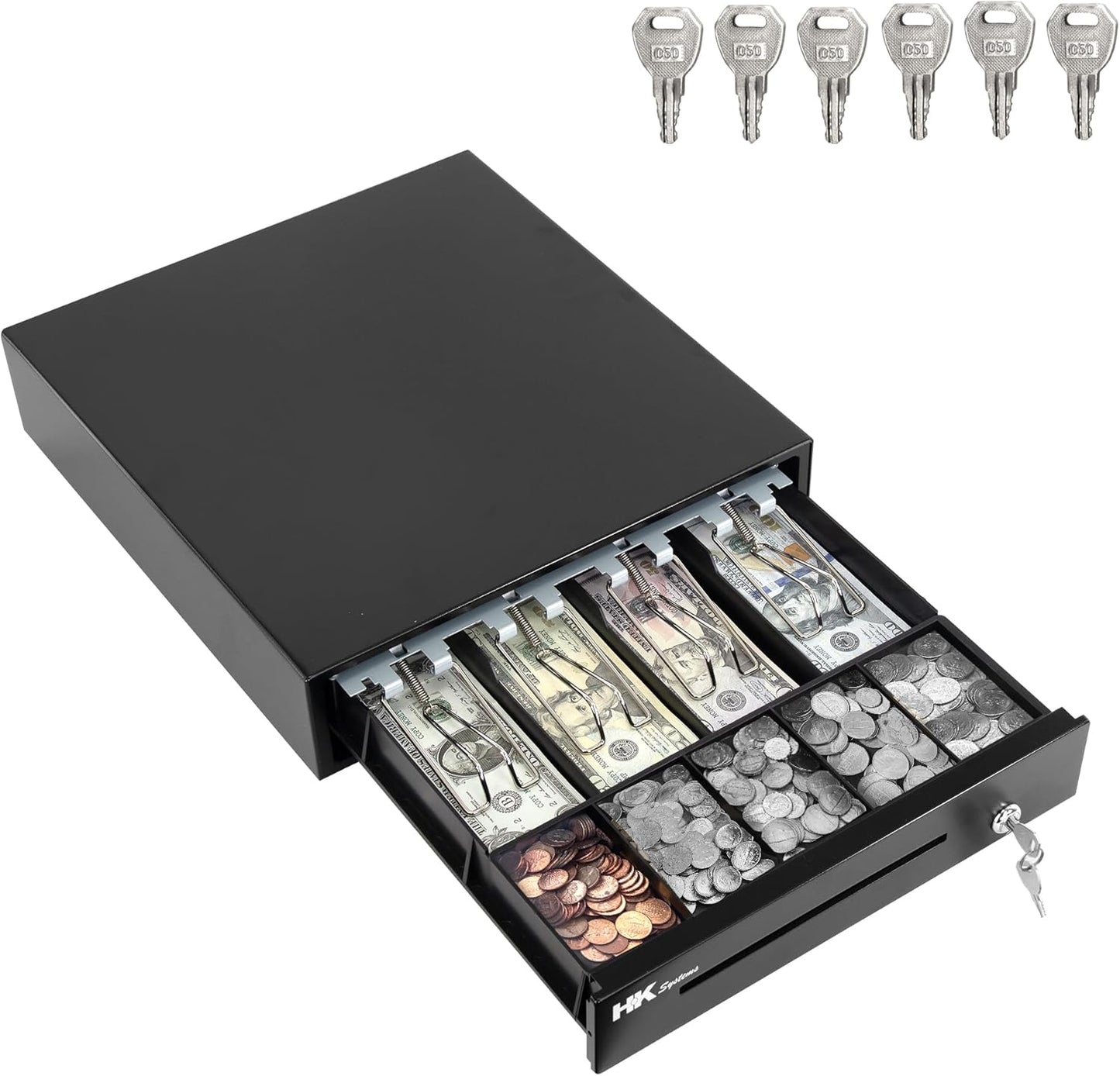 HK SYSTEMS 13inch Heavy Duty POS Cash Drawer with 4Bill/5Coin, Removable Coin Compartment, 24V, RJ11, Single Large Media Slot, Black