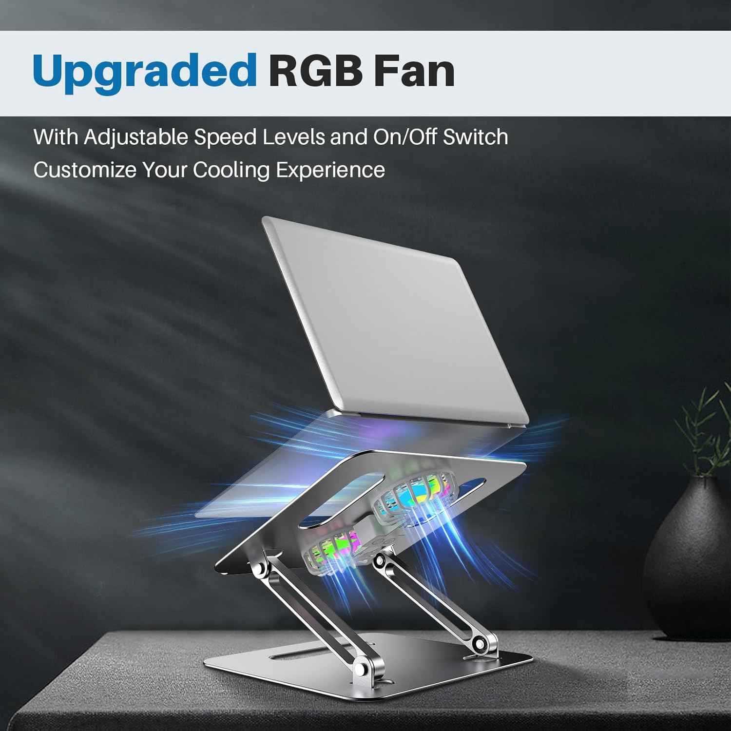 YICOSUN Adjustable Laptop Cooling Stand with 2 Quiet Fans & RGB Lighting, Aluminum Alloy & Foldable Ergonomic Design for MacBook, Lenovo, ASUS, Dell 10-16 Inch, Perfect for Gaming, DJ, Office - Gray