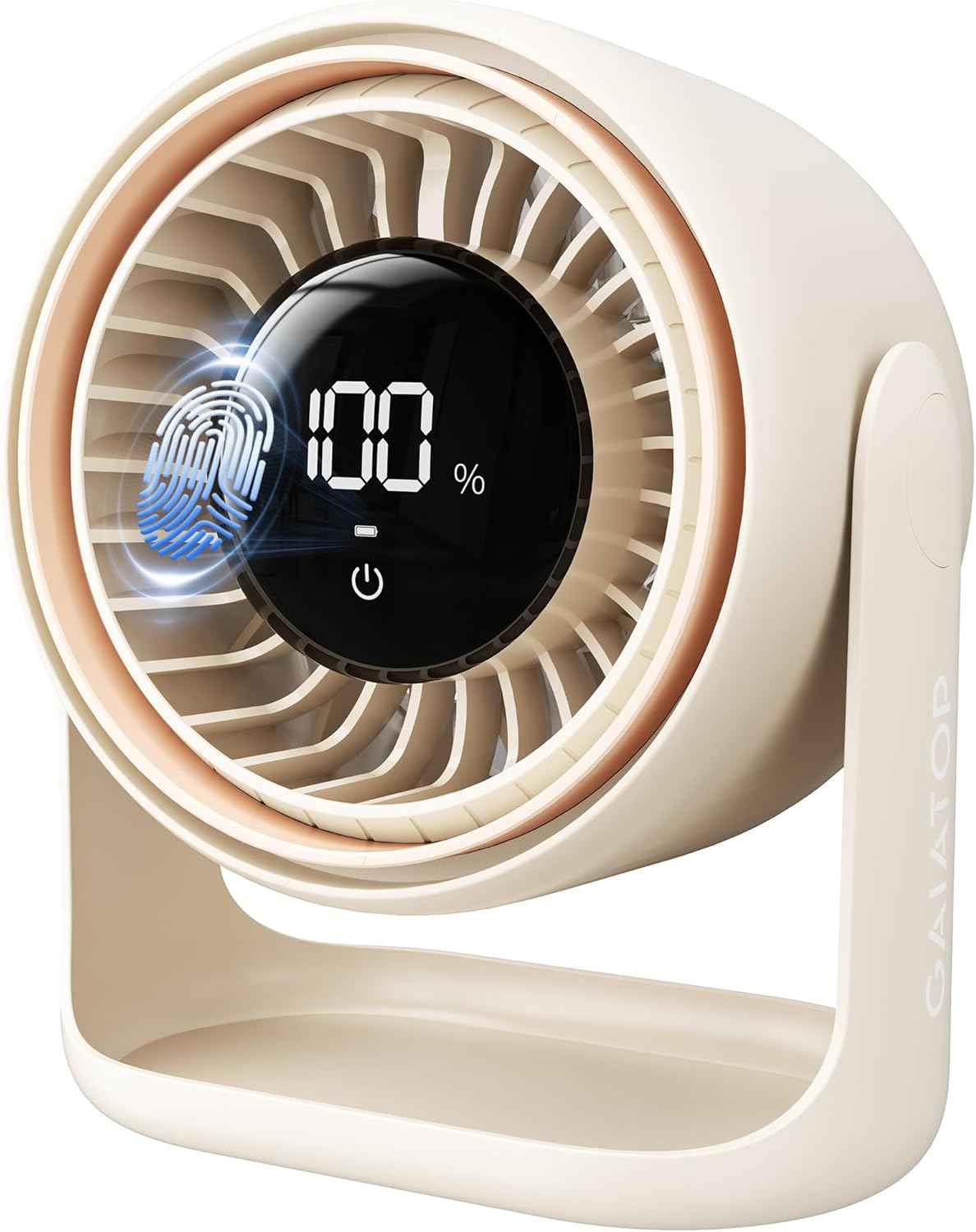 Gaiatop Desk Fan, Touch Control LED Display Small Portable Fans, 5 Speeds Strong Wind, Ultra Quiet Rechargeable 4000mAh Battery Operated Table Desktop for Bedroom, Office (White Beige)
