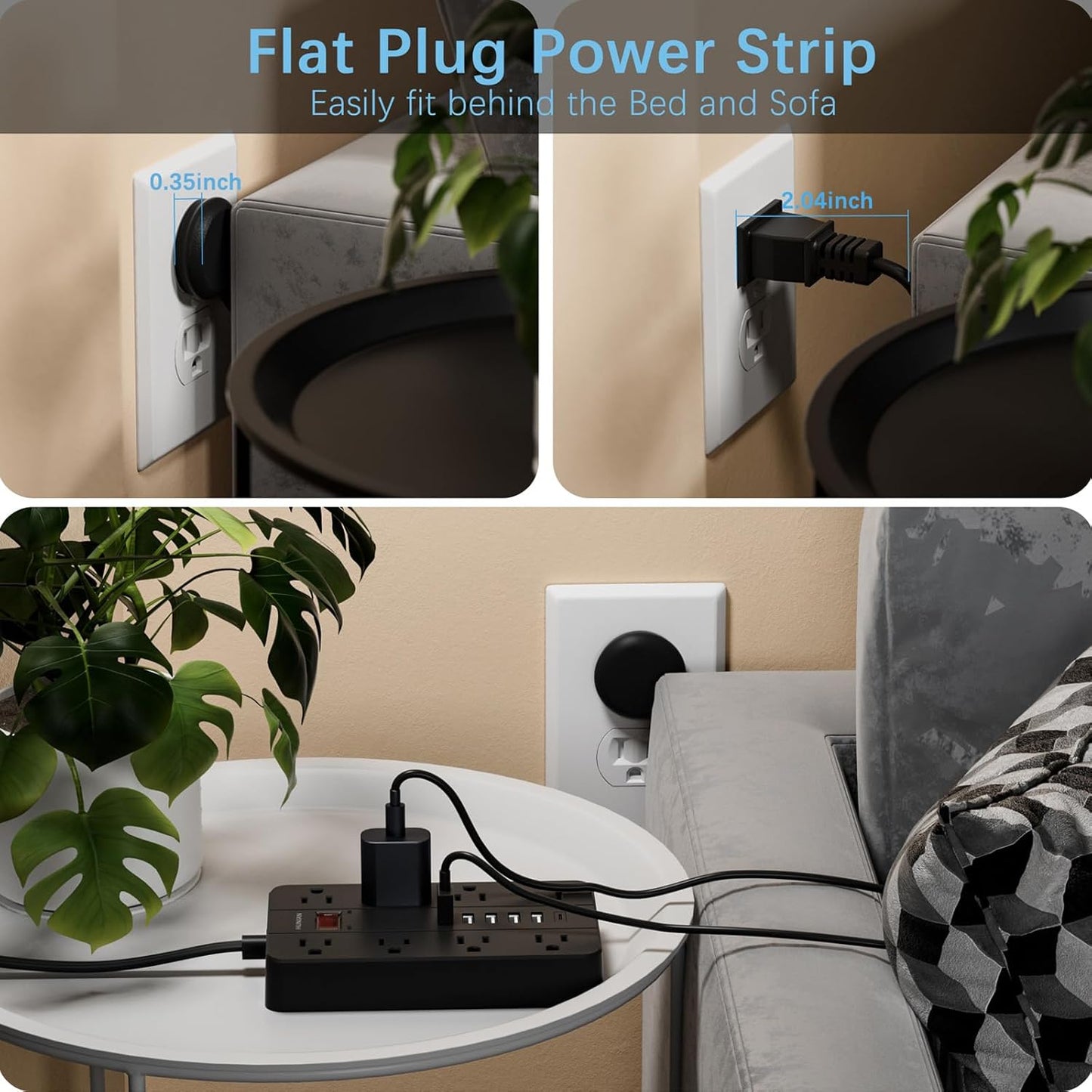 15 Ft Long Extension Cord Power Strip Surge Protector, HUNIAN Flat Plug with 8 Widely Spaced Outlets 6 USB, Wall Mount Charging Station for Home and Office, Black