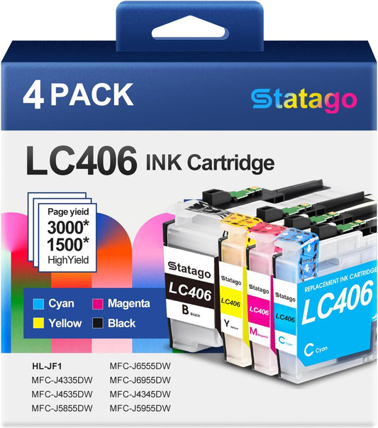 LC406 Ink Cartridges for Brother Printer for Brother LC406 LC406XL Ink Cartridge Work for MFC-J4535DW MFC-J4345DW MFC-J4335DW MFC-J5855DW MFC-J5955DW MFC-J6555DW MFC-J6955DW Printer (4 Pack)