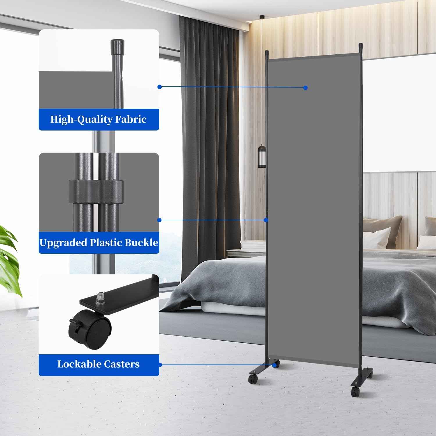Room Divider 6FT Room Partition with Lockable Wheels, (Thicked Metal Base) Room Dividers, Freestanding Indoor Folding Privacy Screens, Portable Fabric Wall Divider for (Grey, 21.5"- 1 Panel)