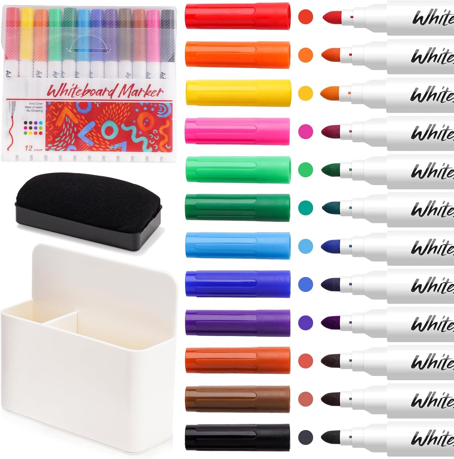 NiArt Whiteboard Magnetic Dry Erase Marker Holder Set, 12 Colors Fine Markers, Magnetic Whiteboard, Dry Eraser for Office
