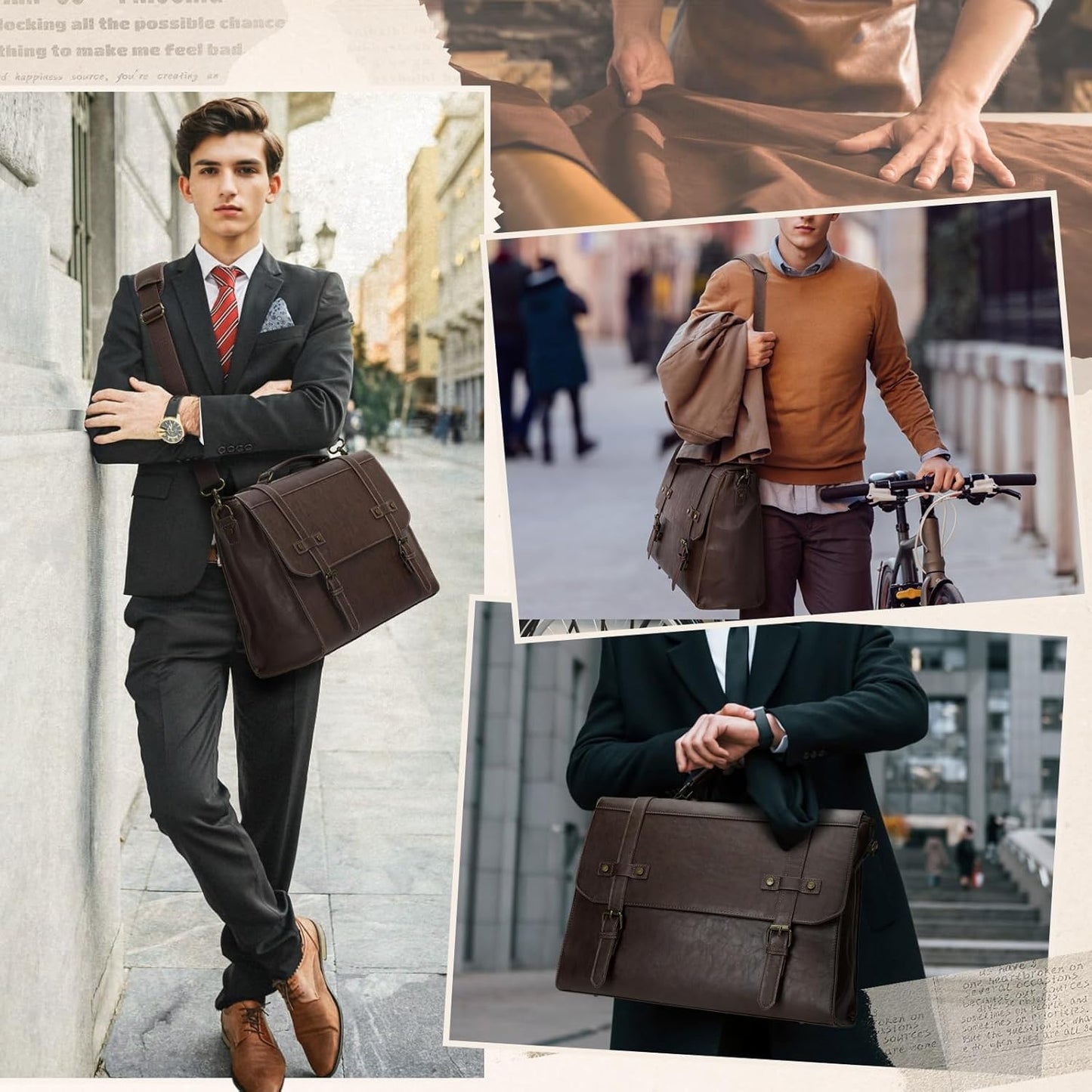 RAINSMORE Mens Messenger Bag 18 Inch Waterproof Vintage Leather Laptop Briefcase Large Laptop Bag Satchel Bag Computer Shoulder Bag for Office Business Travel College,Coffee