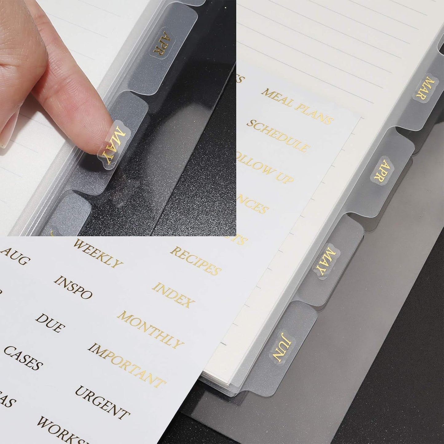 A5 Plastic Binder Dividers 6 Holes Durable Plastic Tab Dividers for 6-Ring Binders, Notebooks, Planners (Clear - 1Set & Stickers)