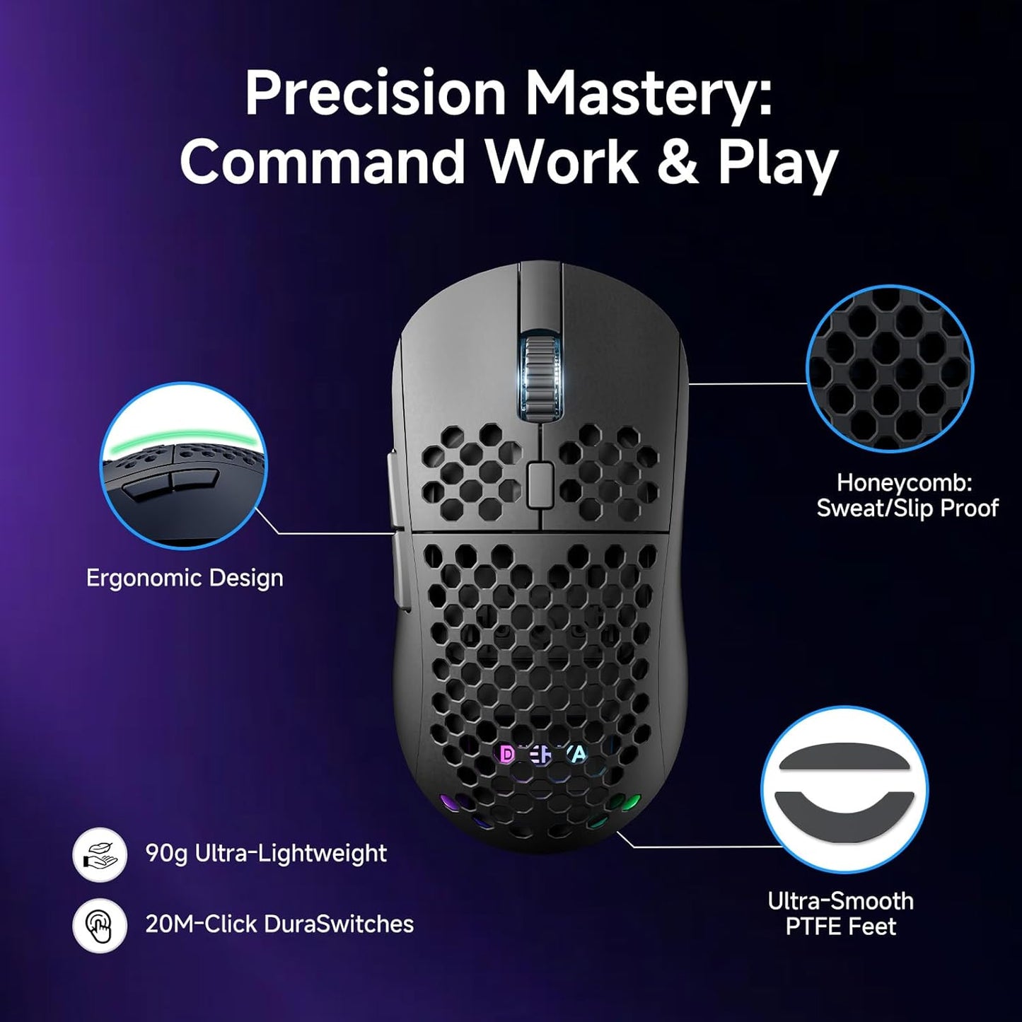 DIERYA M1 Wireless Gaming Mouse, 24000DPI, 180Hrs Battery, 16.8M RGB, 6 Programmable Buttons, Lightweight, Tri-Mode (2.4G/BT5.2/USB-C) for PC/Mac/Laptop - Black