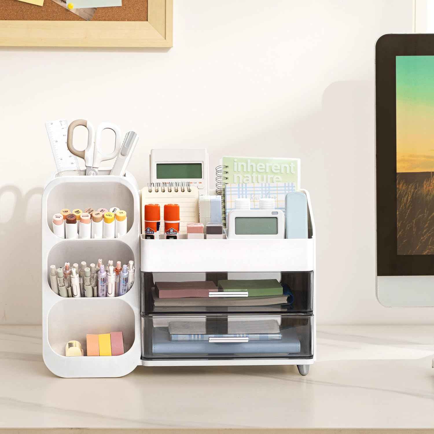HBlife Desk Organizer with Pen Pencil Holder for Desk, Pen Organizer with 2 Drawers, Desk Organizers and Accessories with 4 Compartments, Desktop Storage for Office Home School Art Supplies, White