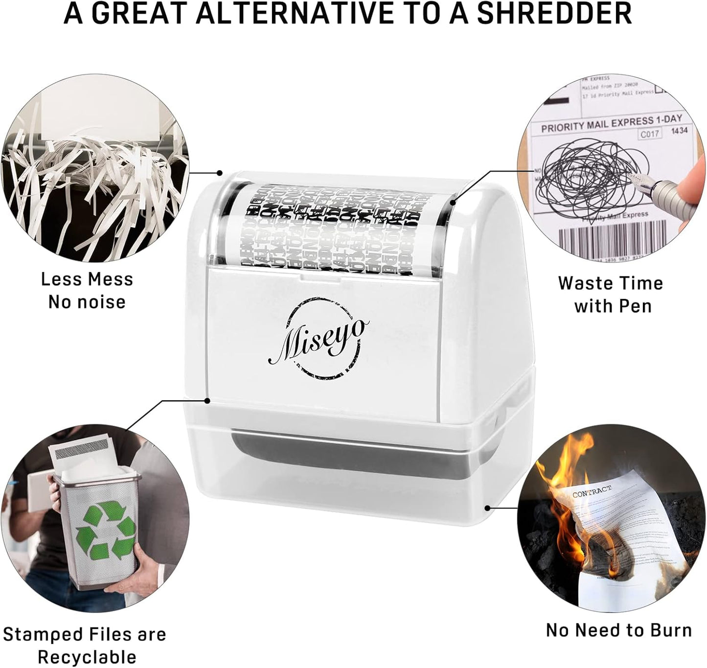 Miseyo Wide Identity Theft Protection Roller Stamp Set - White (3 Refill Ink Included)