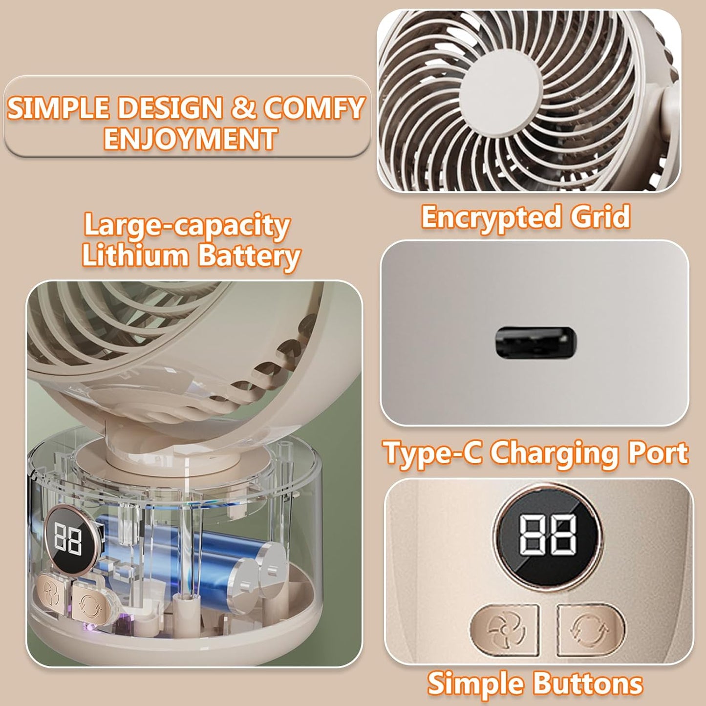 3-Speed USB Desktop Fan with 3600mAh Battery | Quiet Bionic Feather Blades, 140° Tilt & Auto Shake | Portable Cooling for Home, Office Fan, Camping (Beige)