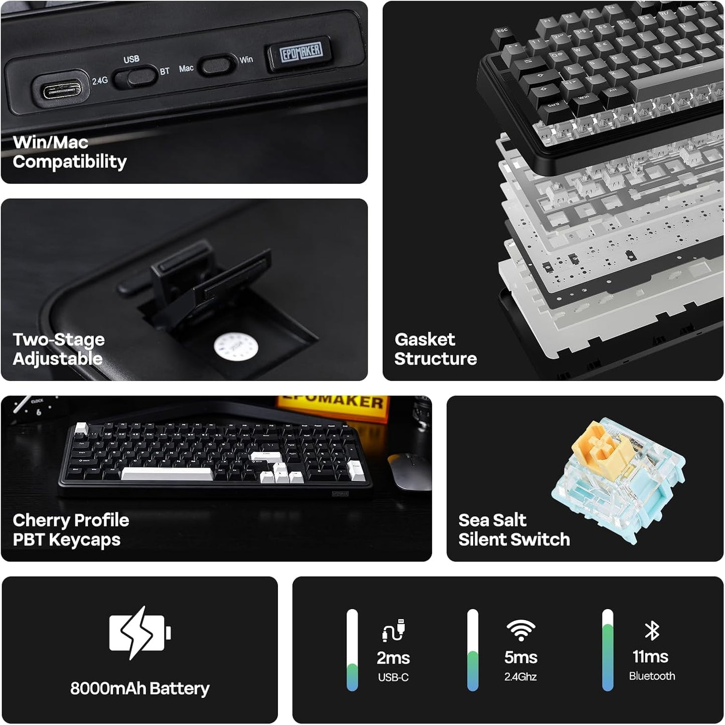 EPOMAKER TH99 Wireless Mechanical Keyboard with Lubed Silent Switch, Quiet Gaming Keyboard, 8000mAh,Creamy Gasket,RGB Backlit,Numpad,PBT Keycap,Hot Swappable,for Gamers/Office (Black)