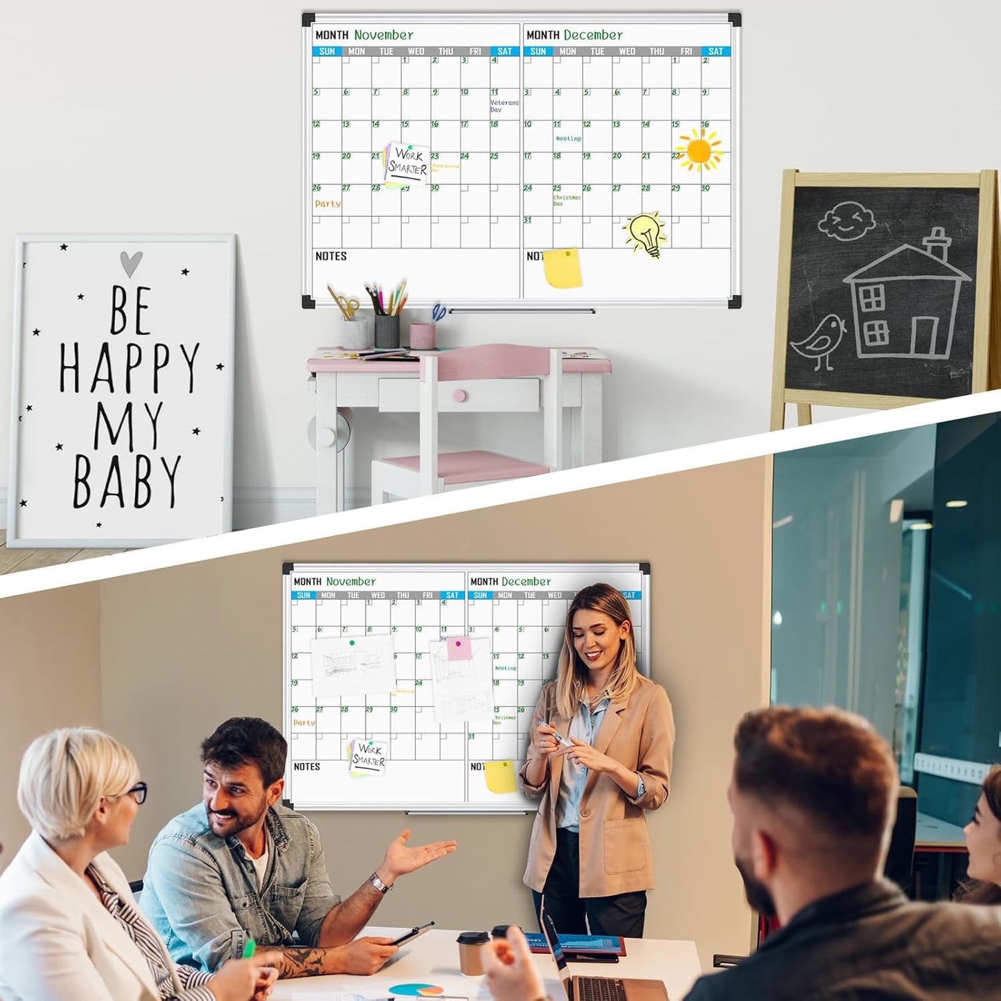 XBoard Magnetic Calendar Whiteboard 48" x 36" - 2 Month Dry Erase Board, White Board + Colorful Calendar Board, Silver Aluminium Framed Monthly Planning Board - Lumora Desk